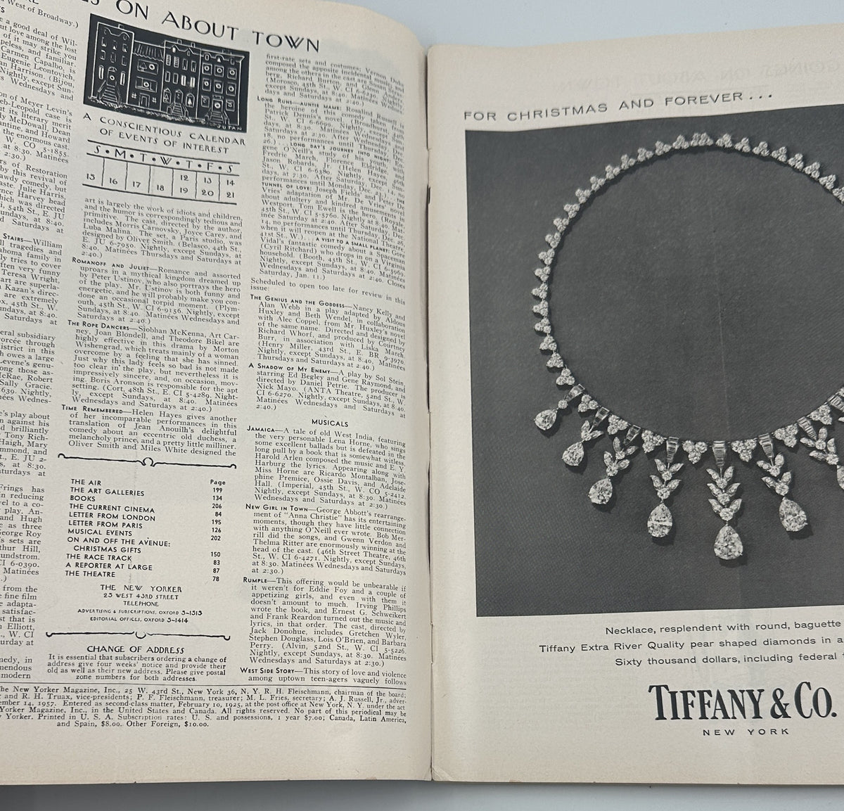 The New Yorker Magazine December 14, 1957 Family Christmas Tree Edna Eicke Cover shown open to an interior spread with On About Town content and a Tiffany & Co. jewelry advertisement