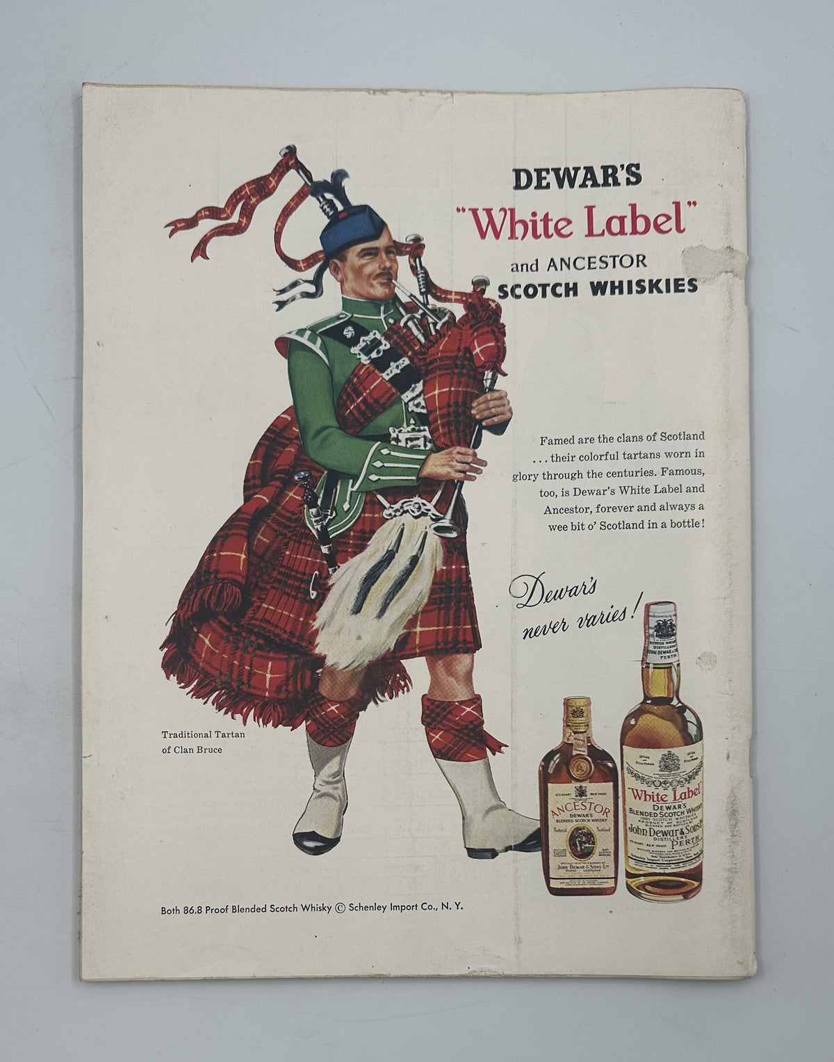 The New Yorker Magazine April 20, 1957 Tropical Lilies Edna Eicke Cover vintage Dewar's White Label Scotch whisky advertisement featuring a Scottish bagpiper and whisky bottles.