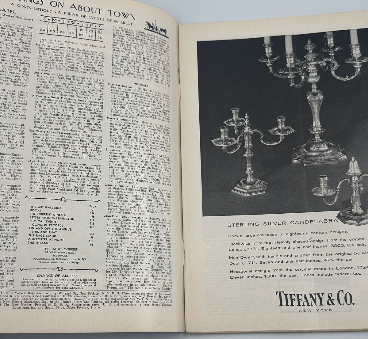 The New Yorker Magazine March 23, 1957 United Nation Diplomacy Mario Micossi Cover, opened to an interior page with listings and a Tiffany & Co. silver candelabra advertisement.