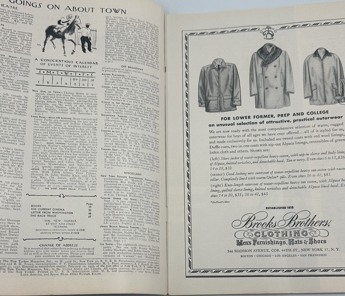 The New Yorker Magazine August 31, 1957 River Boat Amusement Park Ilonka Karasz Cover shown open to an interior Going-ons-about-town page and Brooks Brothers clothing advertisement.