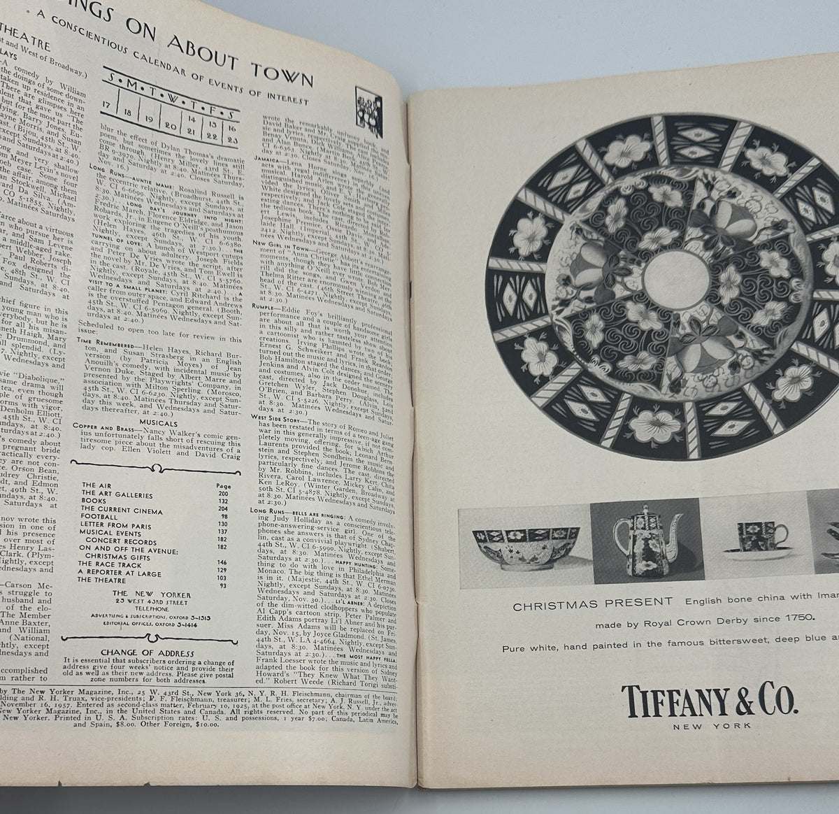 The New Yorker Magazine November 16, 1957 Boy Bicycle Car Perry Barlow Cover interior pages showing magazine contents and a Tiffany & Co. Christmas advertisement