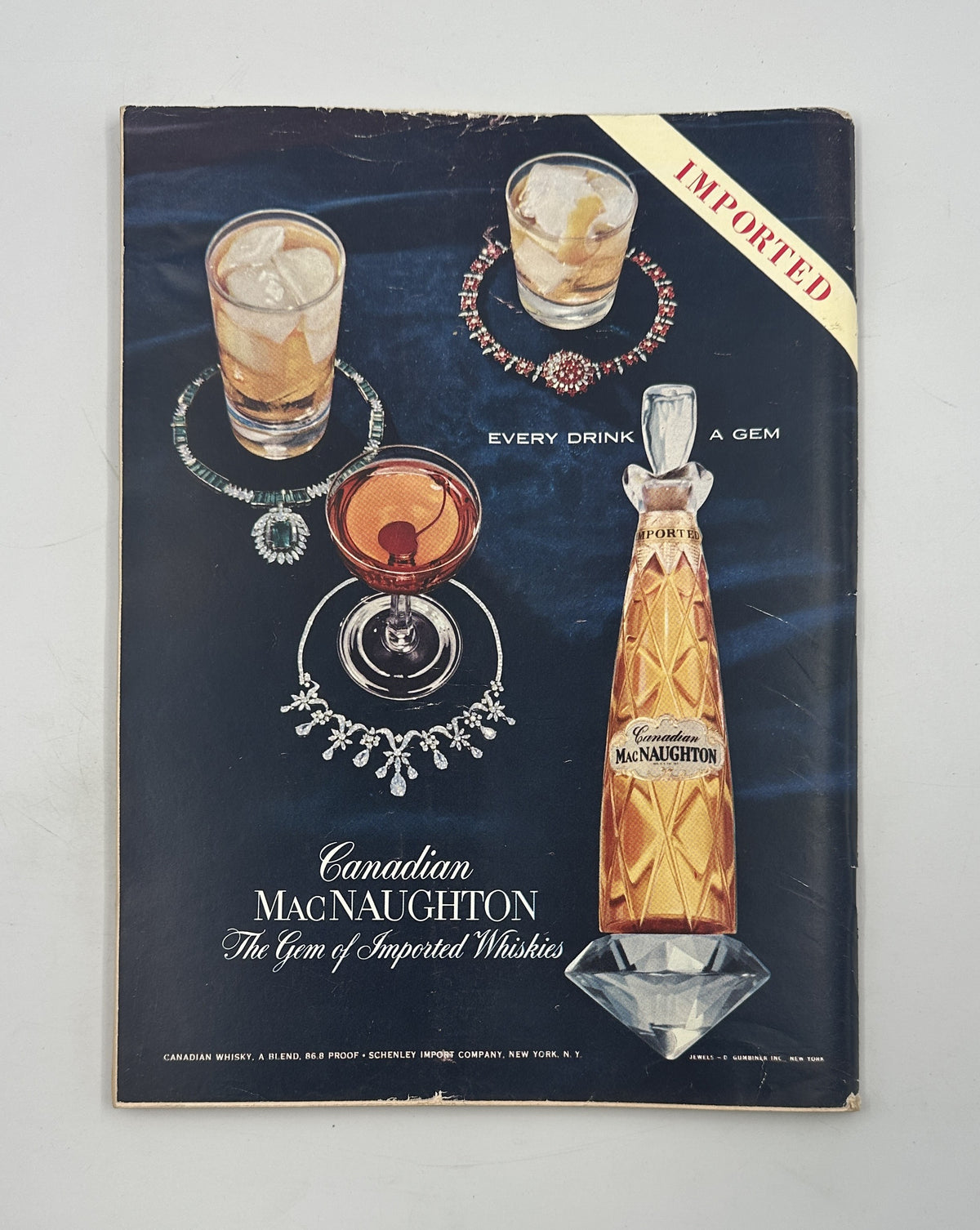 The New Yorker Magazine November 16, 1957 Boy Bicycle Car Perry Barlow Cover, featuring a vintage Canadian MacNaughton whisky advertisement with a bottle, three whiskey drinks, and diamond-shaped glass graphic.