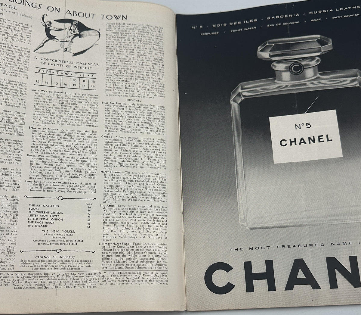 The New Yorker Magazine January 12, 1957 Chinese Artist Anatol Kovarsky Cover, opened to an interior page with magazine columns and a vintage Chanel No. 5 perfume advertisement.