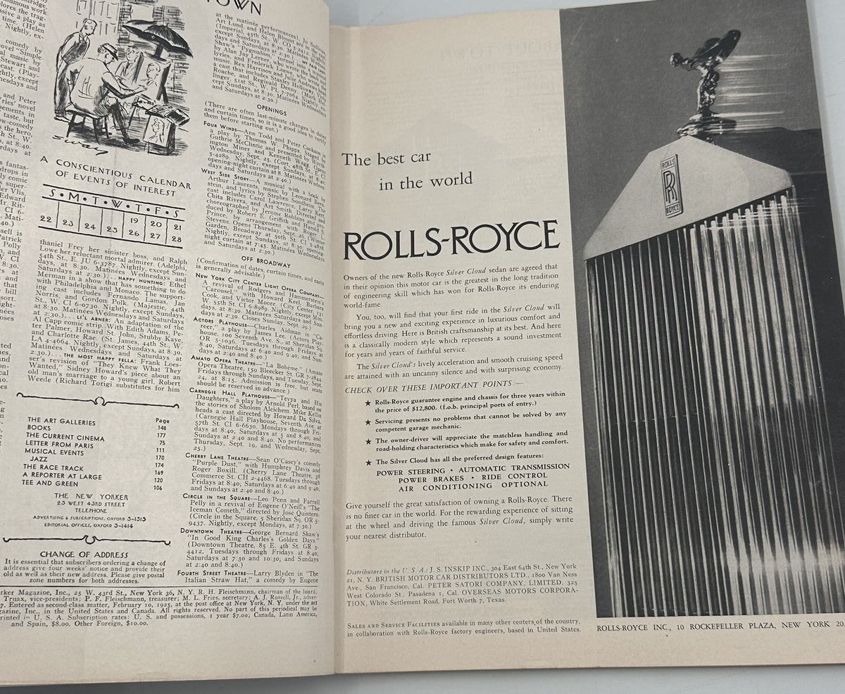 The New Yorker Magazine September 21, 1957 Scuba Diver Shipwreck Charles Addams Cover, interior pages featuring a Rolls-Royce advertisement and magazine text.
