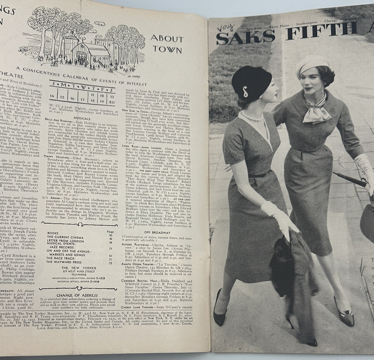The New Yorker Magazine July 13, 1957 Swimming Children William Steig Cover interior pages showing the table of contents and a vintage Saks Fifth Avenue fashion advertisement.