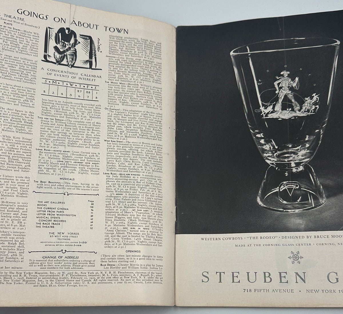 The New Yorker Magazine March 1, 1958 Bedroom Dogs Mary Petty Cover opened to a contents page beside a black-and-white Steuben glassware advertisement.