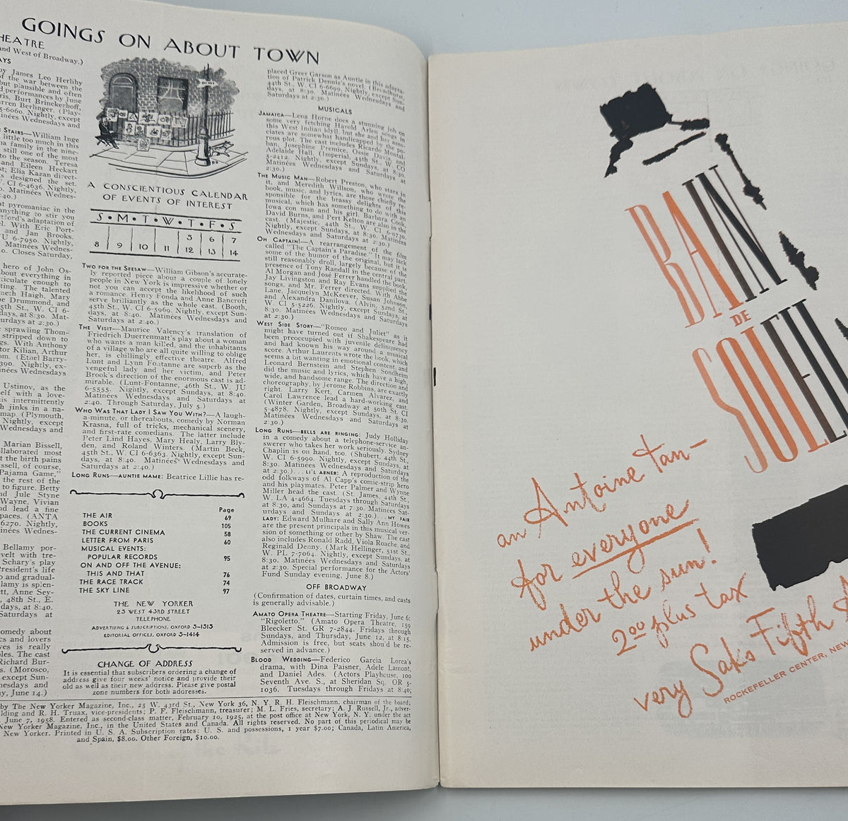 The New Yorker Magazine June 7, 1958 Garden Wedding Abe Birnbaum Cover interior spread featuring the Goings On About Town listings and a Rain or Shine advertisement.