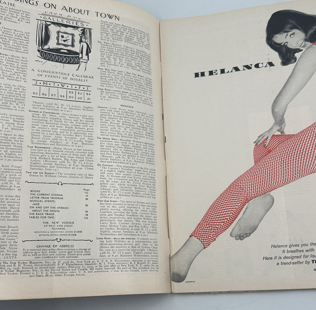 The New Yorker Magazine May 24, 1958 Mexican Market Sombrero Robert Kraus Cover opened to an interior contents page beside a Helanca fashion advertisement.