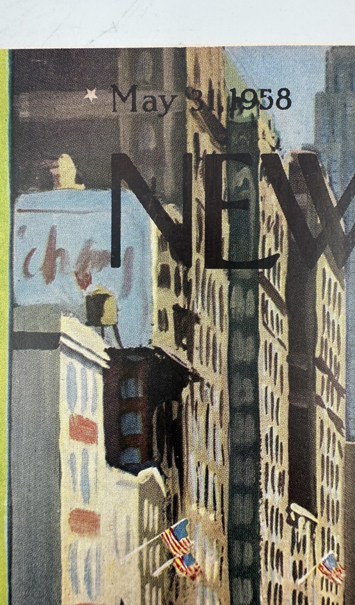The New Yorker Magazine May 31, 1958 City Park Memorial Arthur Getz Cover close-up showing the illustrated New York City street, park trees, and May 31, 1958 issue date.