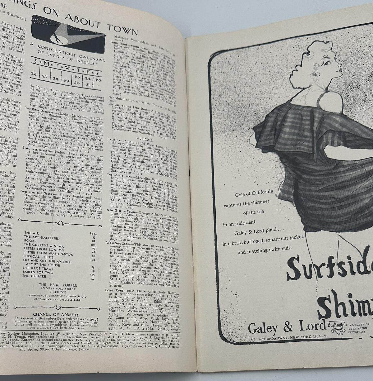 The New Yorker Magazine January 25, 1958 Ocean Liner Pier Charles Addams Cover interior spread showing the On About Town contents page and a vintage Surfside Shimmer clothing advertisement