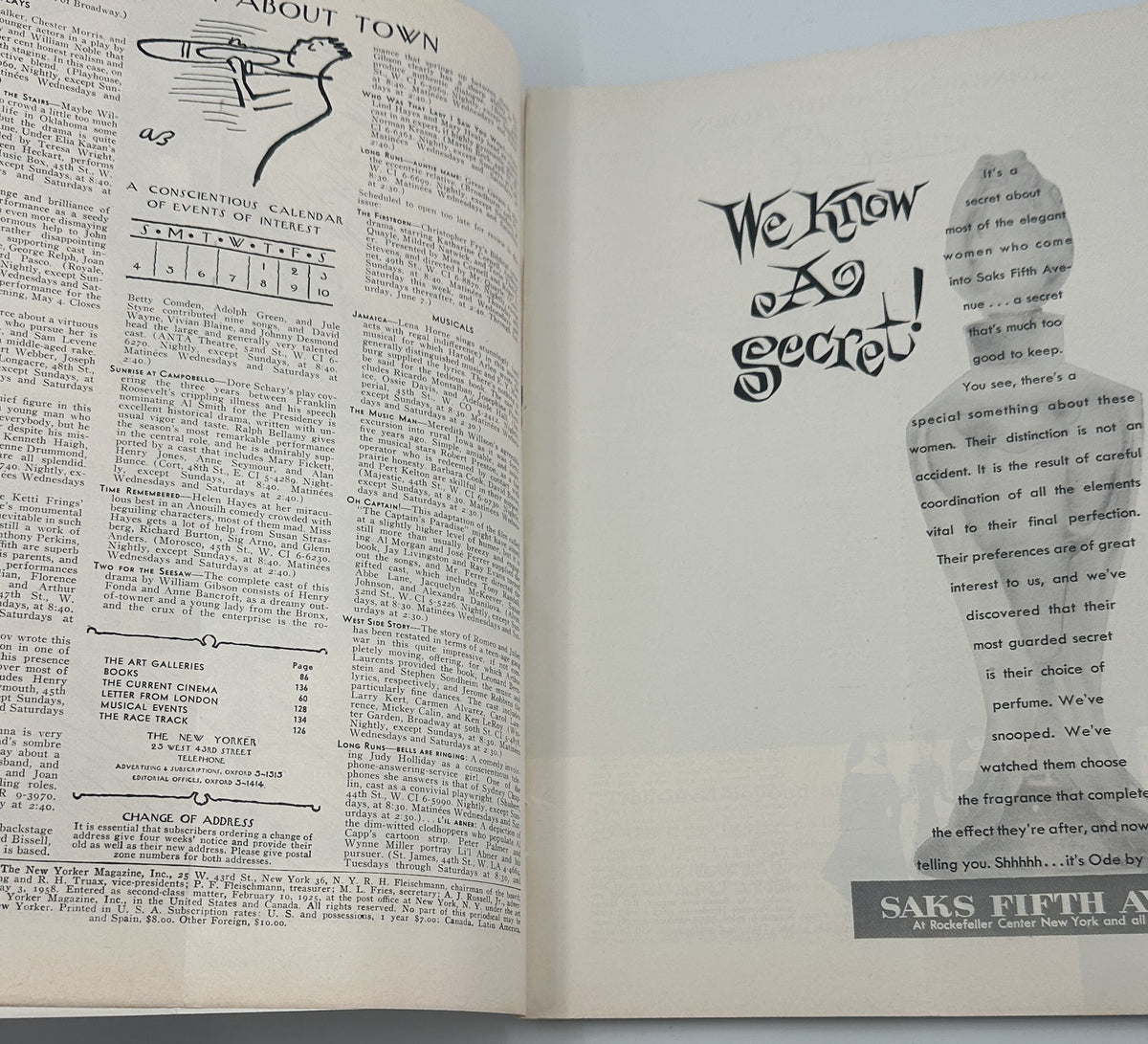 The New Yorker Magazine May 3, 1958 Violet Flowers Park Ilonka Karasz Cover shown open to an interior spread with the About Town section, We Know No Secret editorial feature, and vintage black-and-white typography.