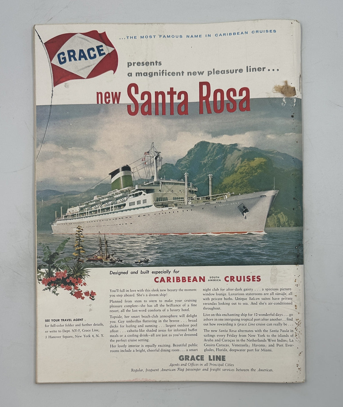 The New Yorker Magazine May 3, 1958 Violet Flowers Park Ilonka Karasz Cover shown with a vintage Grace Line advertisement for the Santa Rosa passenger liner and Caribbean cruises, featuring a ship at sea.