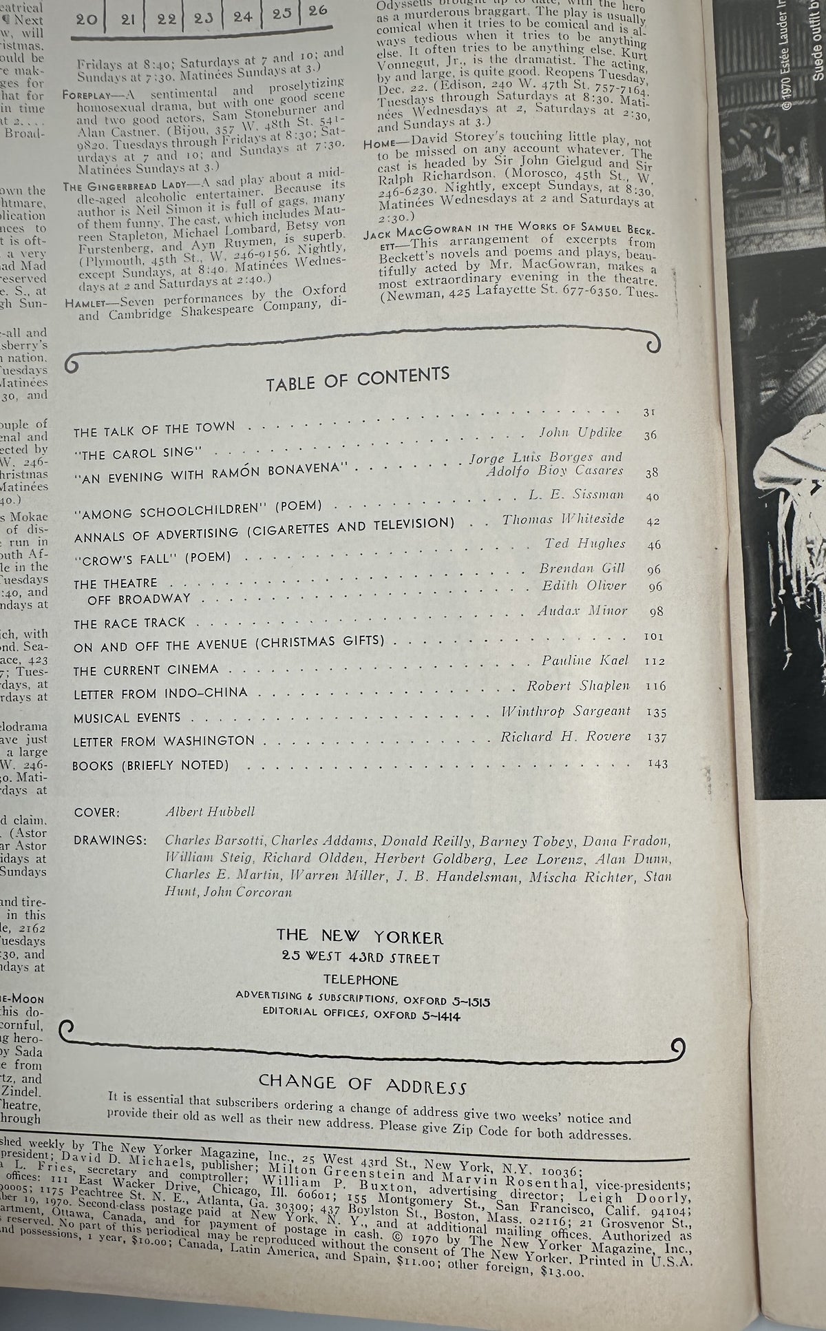 The New Yorker Magazine December 19, 1970 Snowy Christmas Tree Farm Albert Hubbell VG, interior table of contents page showing articles, poems, departments, and drawings.