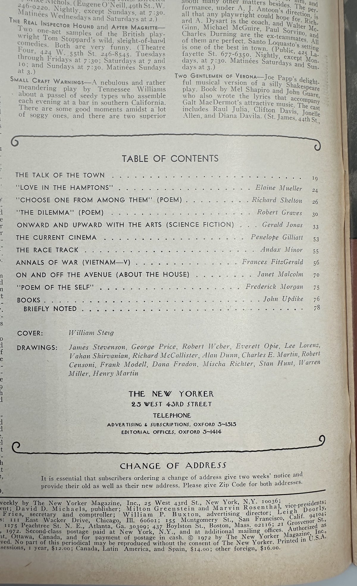 The New Yorker Magazine July 29, 1972 Guitar-Playing Rooster Garden William Steig Cover VG, showing the issue's printed table of contents and article listings.