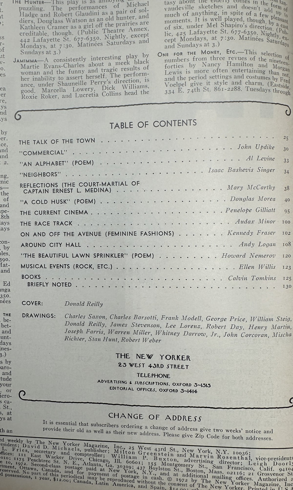 The New Yorker Magazine June 10, 1972 Sun Fish Ocean Donald Reilly Cover VG, interior table of contents page listing articles, poems, features, and contributors.