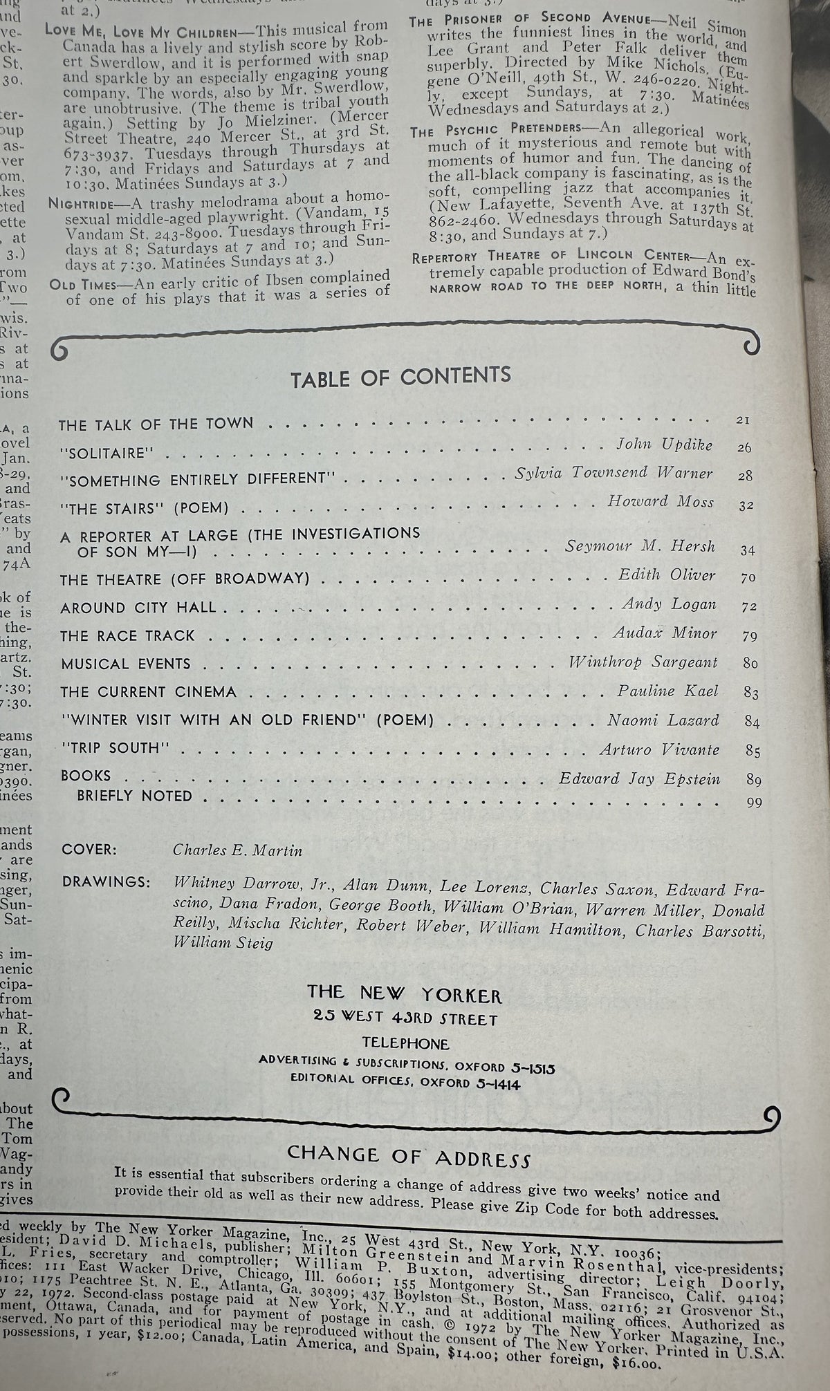 The New Yorker Magazine January 22, 1972 Winter Skyline Moon Charles Martin Cover VG, interior table of contents page listing stories, poems, reviews, and articles