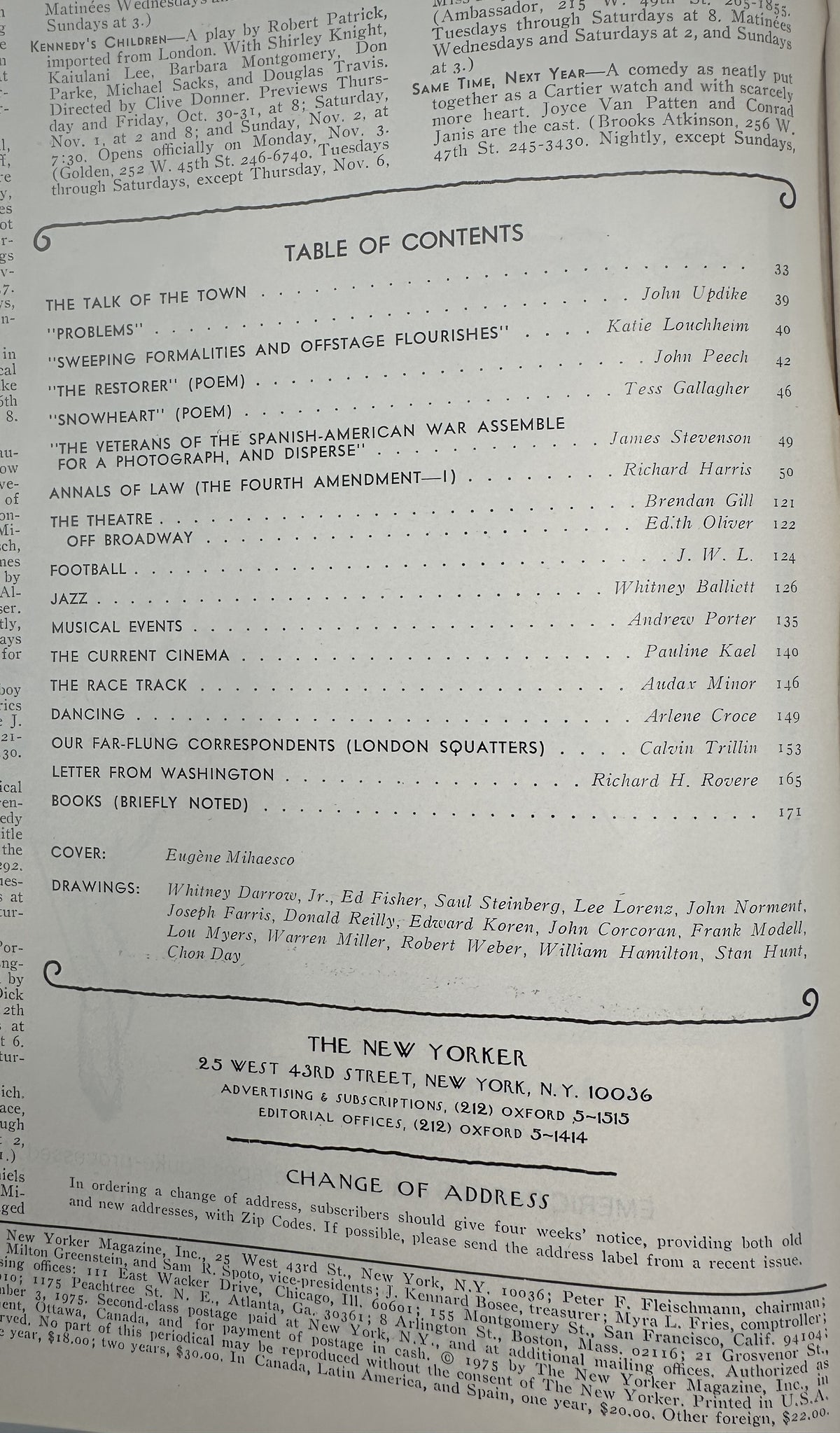 The New Yorker Magazine November 3, 1975 Halloween Pumpkin Eugène Mihaesco Cover VG, showing the magazine's table of contents and publication information page.
