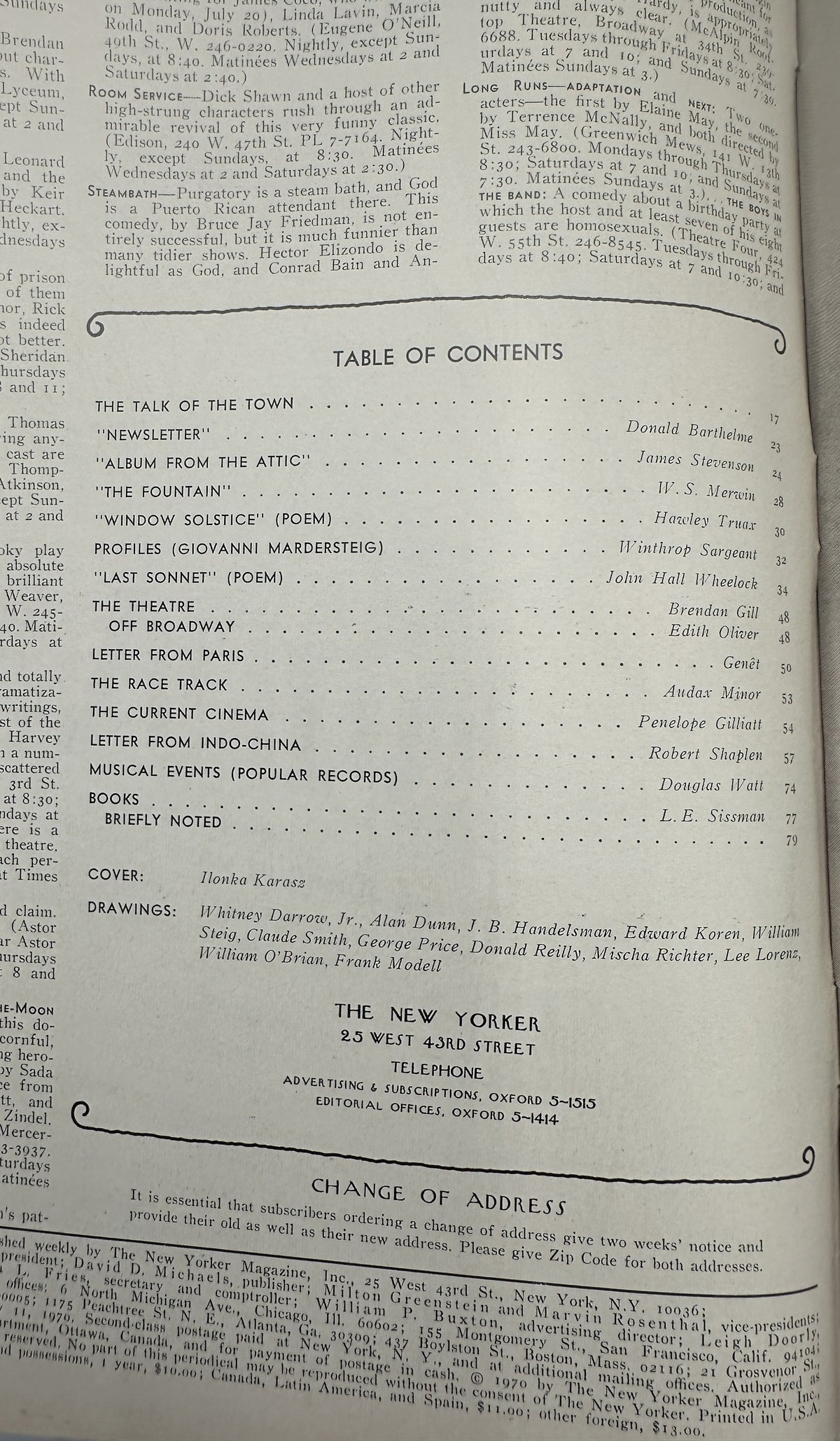 The New Yorker Magazine July 11, 1970 Ilonka Karasz Seaside Door Ilonka Karasz Cover, interior table of contents page listing articles, poems, profiles, theater, cinema, books, and other features.