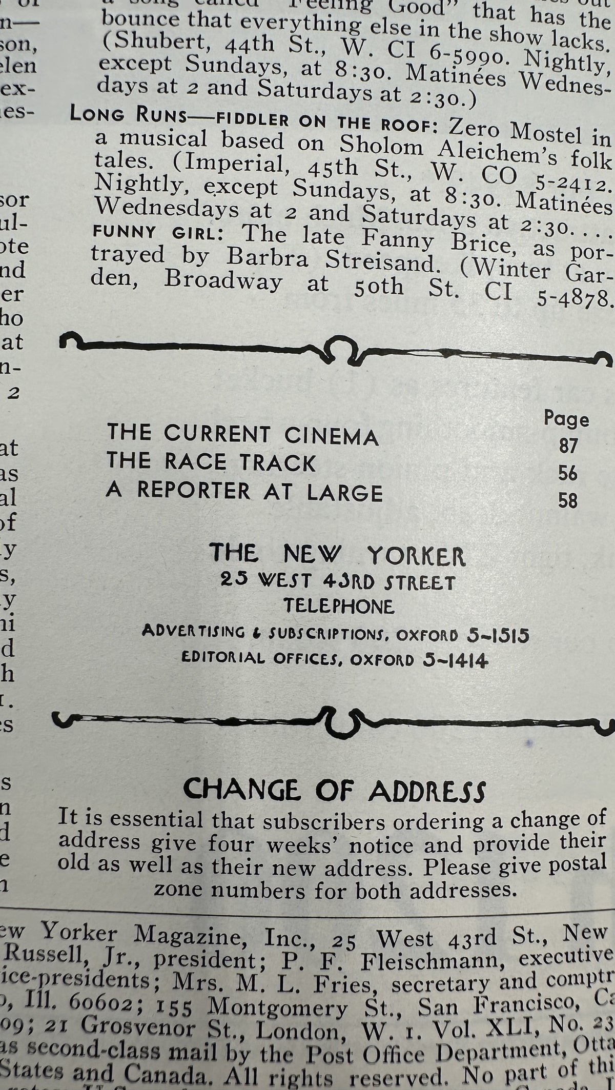 The New Yorker Magazine July 24, 1965 Balcony Seaside Beatrice Szanton Cover VG table of contents and change of address page featuring listings for The Current Cinema, The Race Track, and A Reporter at Large.