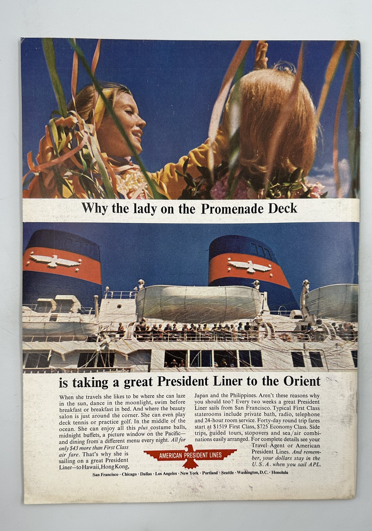 The New Yorker Magazine July 24, 1965 Balcony Seaside Beatrice Szanton Cover VG interior advertisement showing a woman on a promenade deck and a large passenger liner sailing to the Orient.