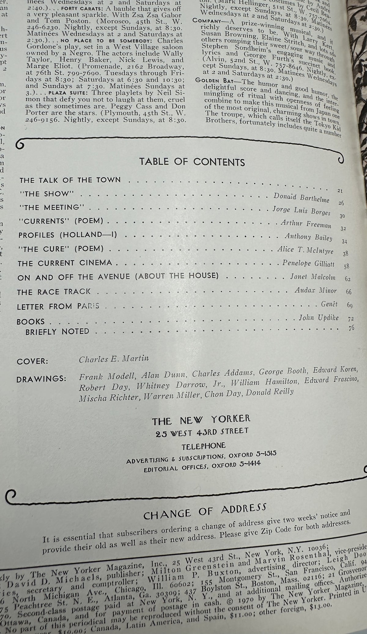 The New Yorker Magazine August 8, 1970 Keep America Beautiful Bush Charles Martin VG table of contents page listing articles, authors, cover artist Charles E. Martin, and contributing cartoonists