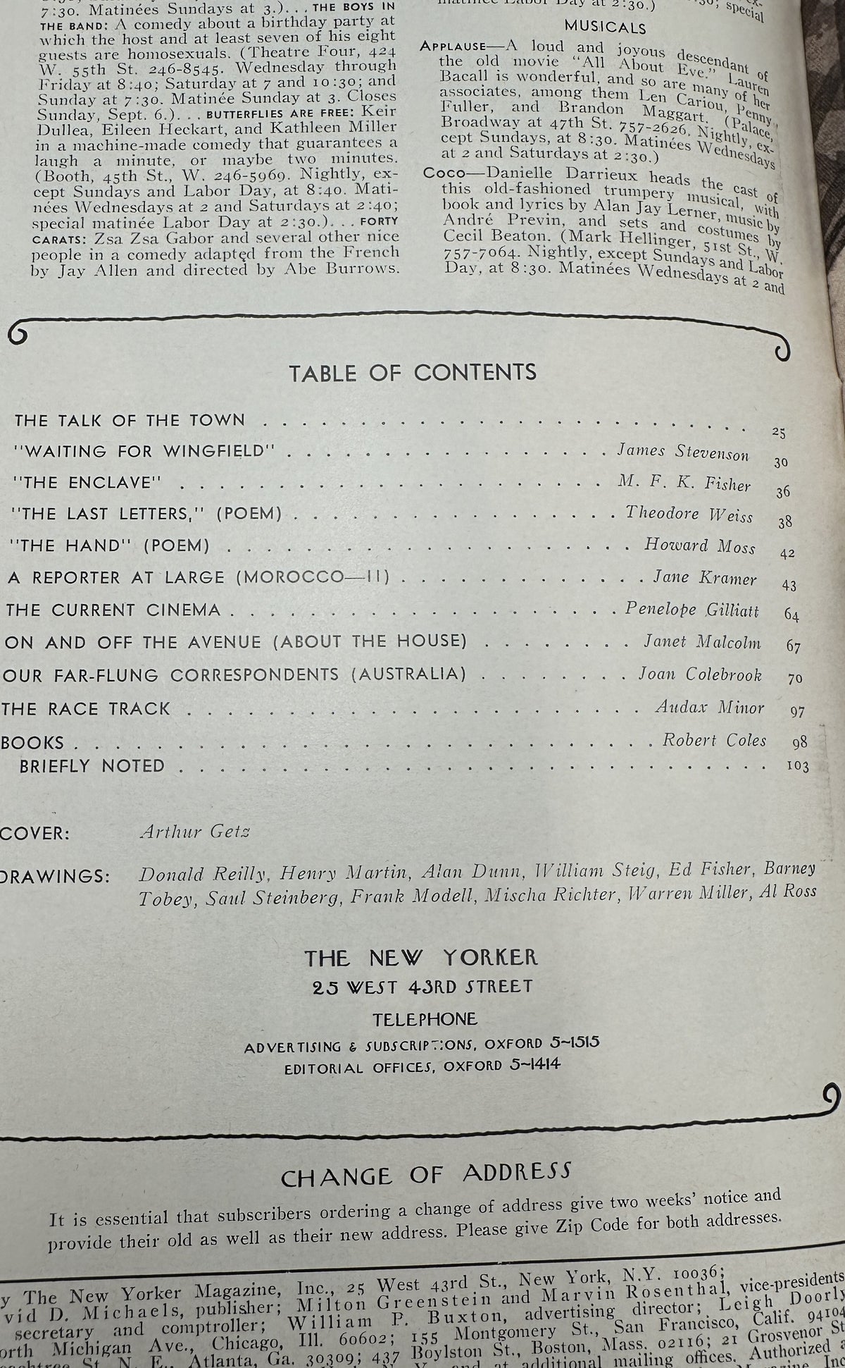 The New Yorker Magazine September 5, 1970 Rooftop Party Sunset Arthur Getz Cover VG, table of contents page with listed articles, cover credit, and drawings