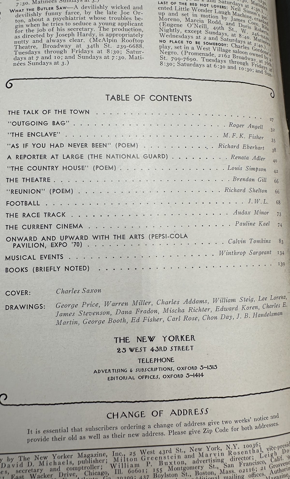 The New Yorker Magazine October 3, 1970 Waiter Pouring Wine Dinner Charles Saxon VG, interior table of contents page with listed articles, poems, arts coverage, cover artist, and cartoon drawings.