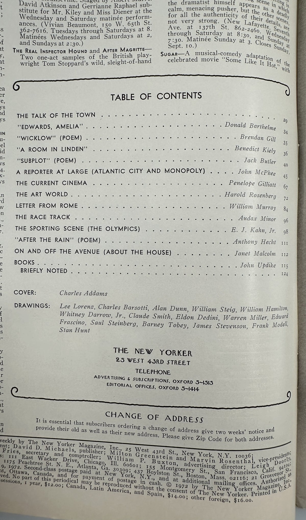 The New Yorker Magazine September 9, 1972 Lion Teaching Charles Addams Cover VG, interior table of contents page listing articles, poems, departments, cover artist Charles Addams, and contributing cartoonists.