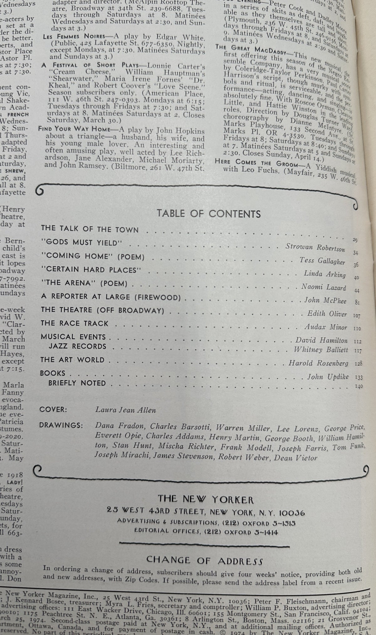 The New Yorker Magazine March 25, 1974 Ornate Seaside Victorian House Laura Jean Allen VG, interior table of contents page with articles, poems, drawings, and contributor listings