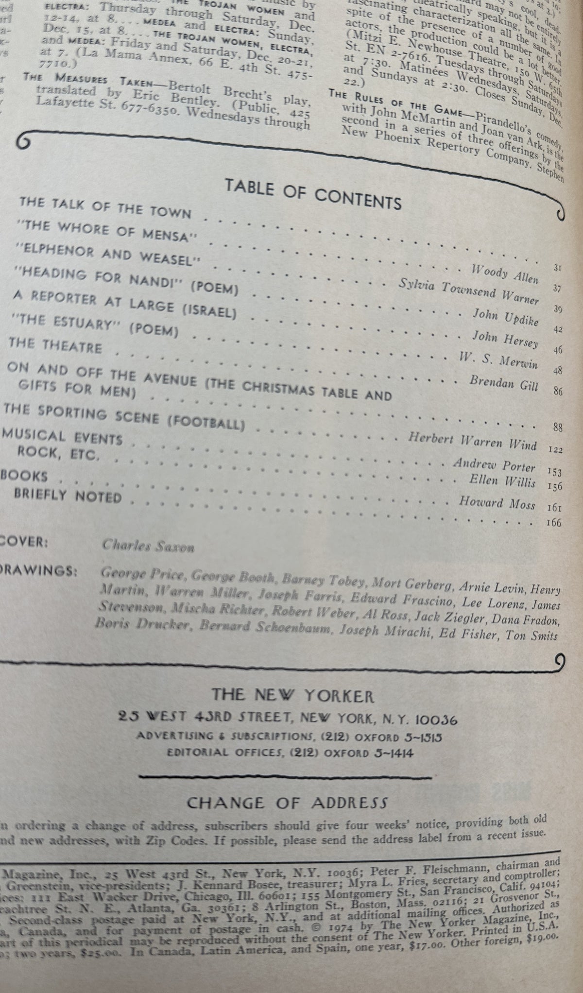 The New Yorker Magazine December 16, 1974 Christmas Airport Travelers Charles Saxon VG showing the table of contents and publication information page.