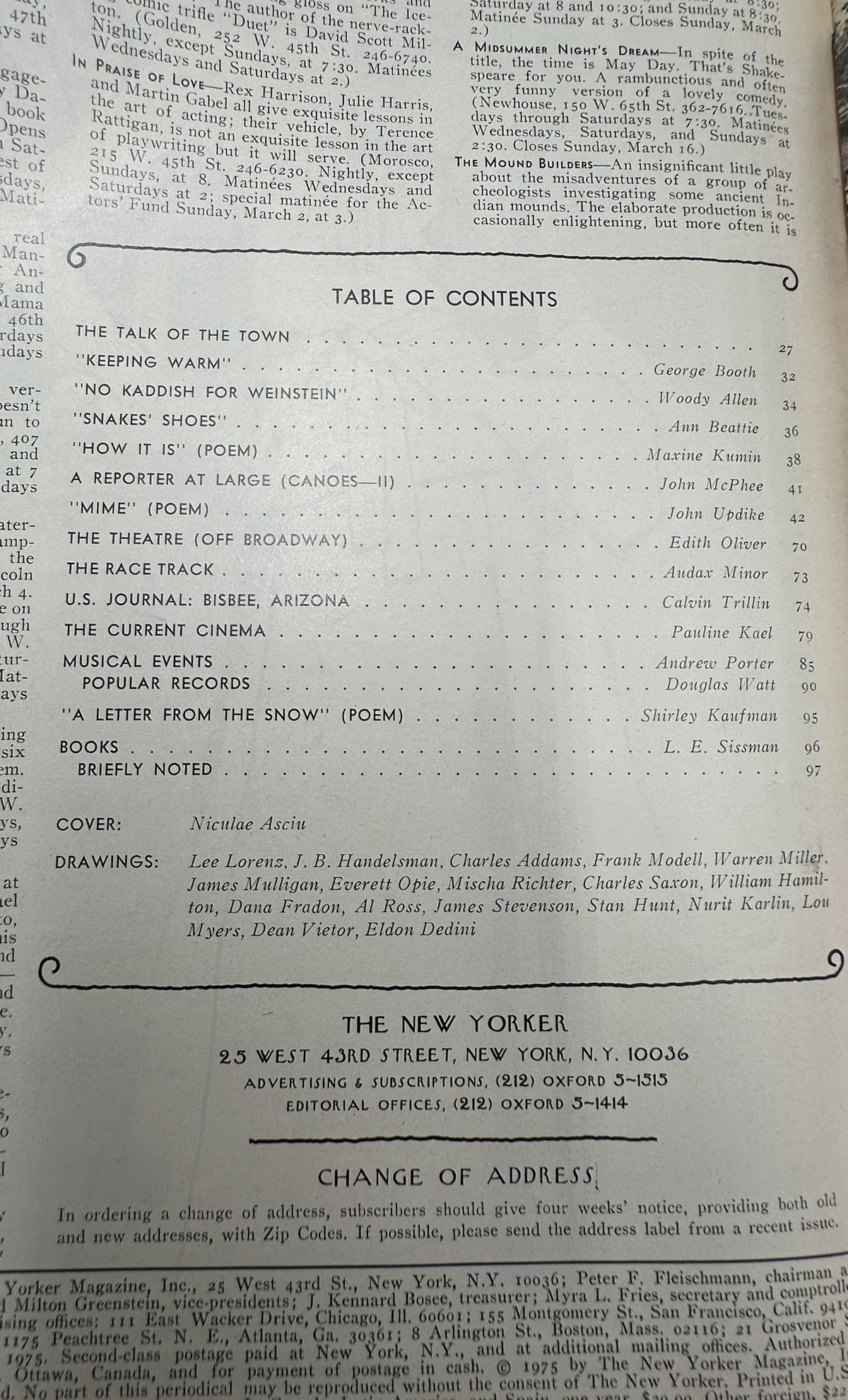 The New Yorker Magazine March 3, 1975 Telephone-Pole Galley Niculae Asciu Cover VG contents page showing the table of contents, cover credit, drawings, and article listings.