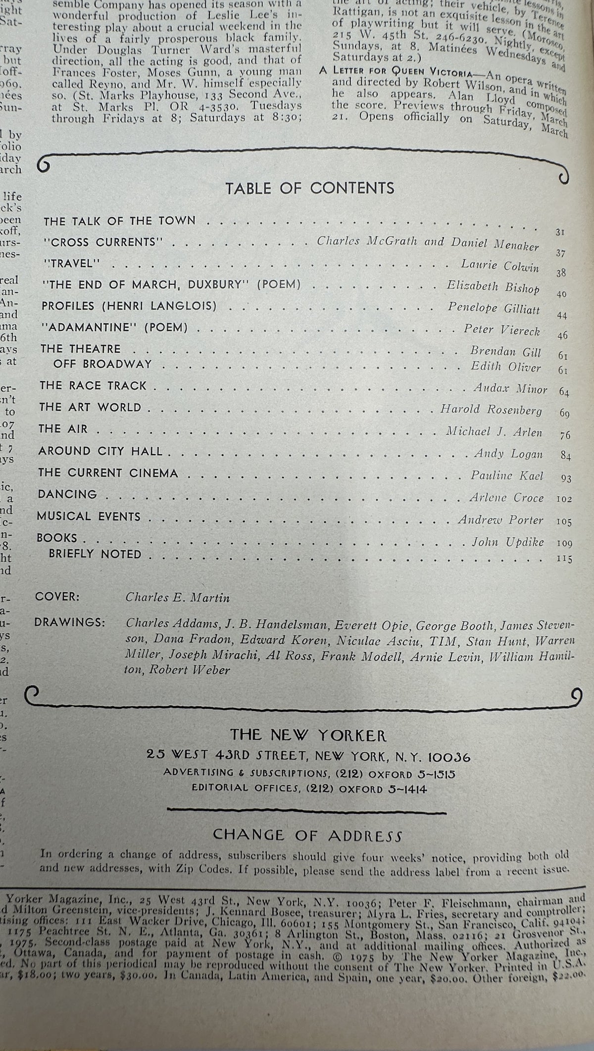 The New Yorker Magazine March 24, 1975 Cyclists Forest Park Bench Charles Martin VG, interior table of contents page with articles, poems, drawings, and cover credits.