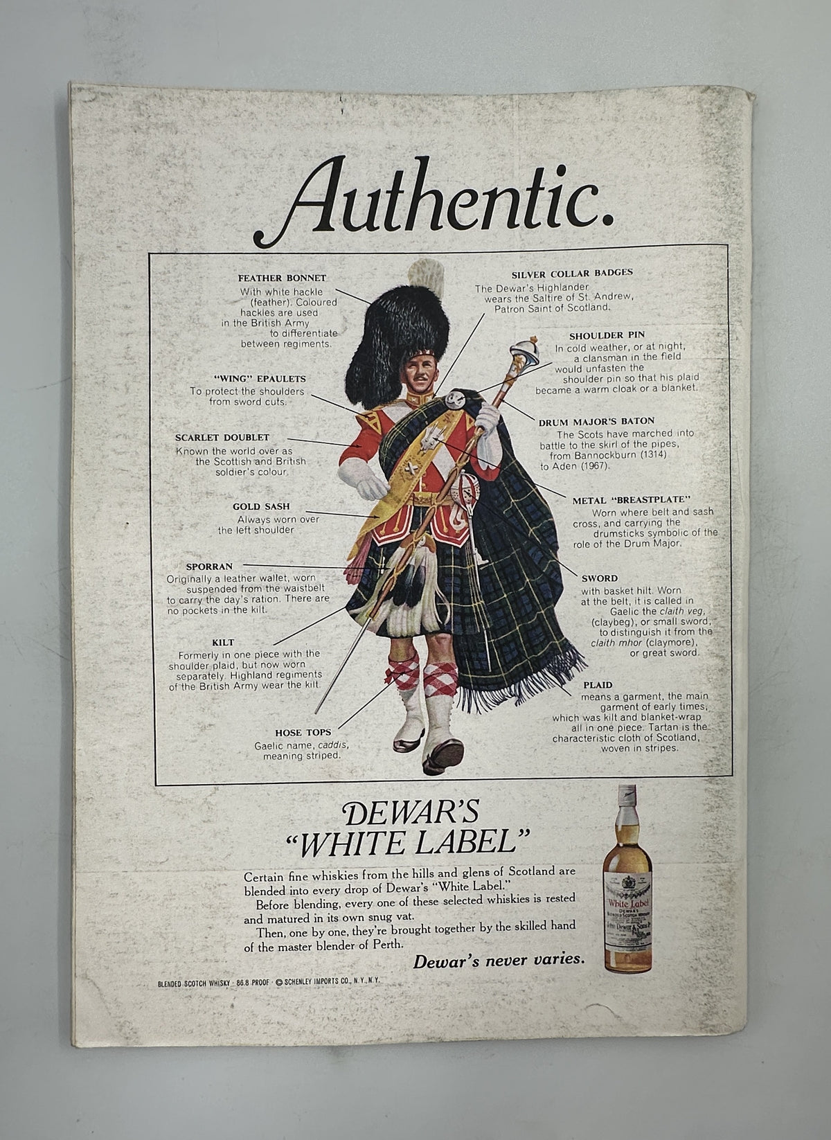 The New Yorker Magazine November 15, 1969 Apartment Hallway Newspapers Charles Martin, back cover with an Authentic Dewar’s White Label whisky advertisement featuring a Scottish bagpiper illustration and whisky bottle.