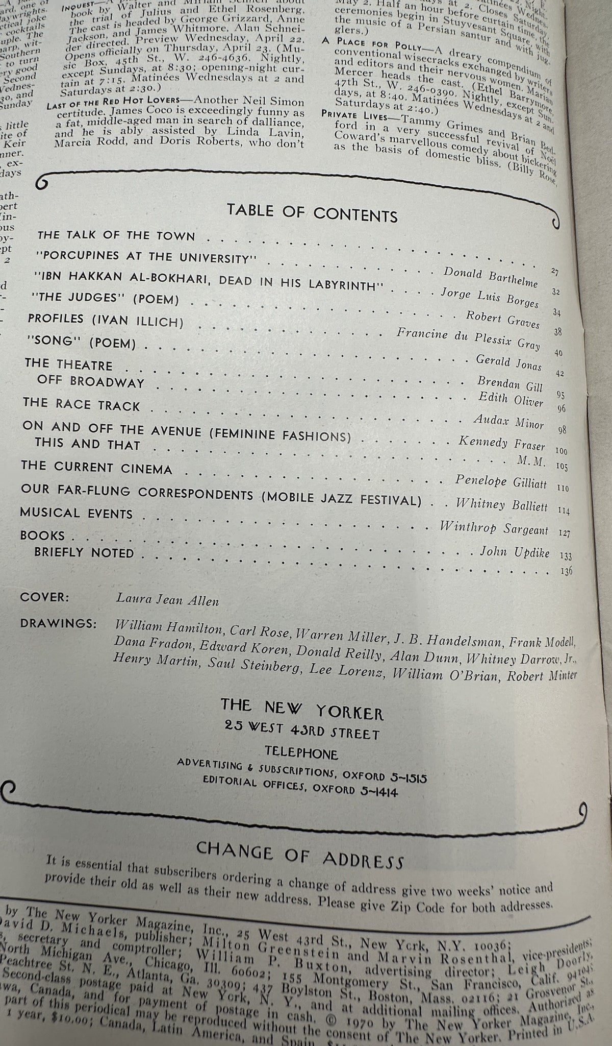The New Yorker Magazine April 25, 1970 Pink Blossom Tree Planter Laura Jean Allen Cover, interior table of contents page with listings for fiction, poetry, theater, cinema, music, books, and drawings.