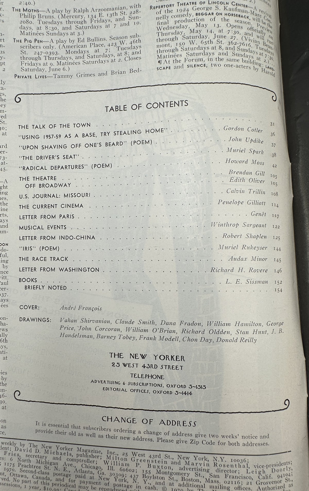 The New Yorker Magazine May 16, 1970 Abstract Faces André François Cover interior table of contents page listing articles, poems, departments, and contributors