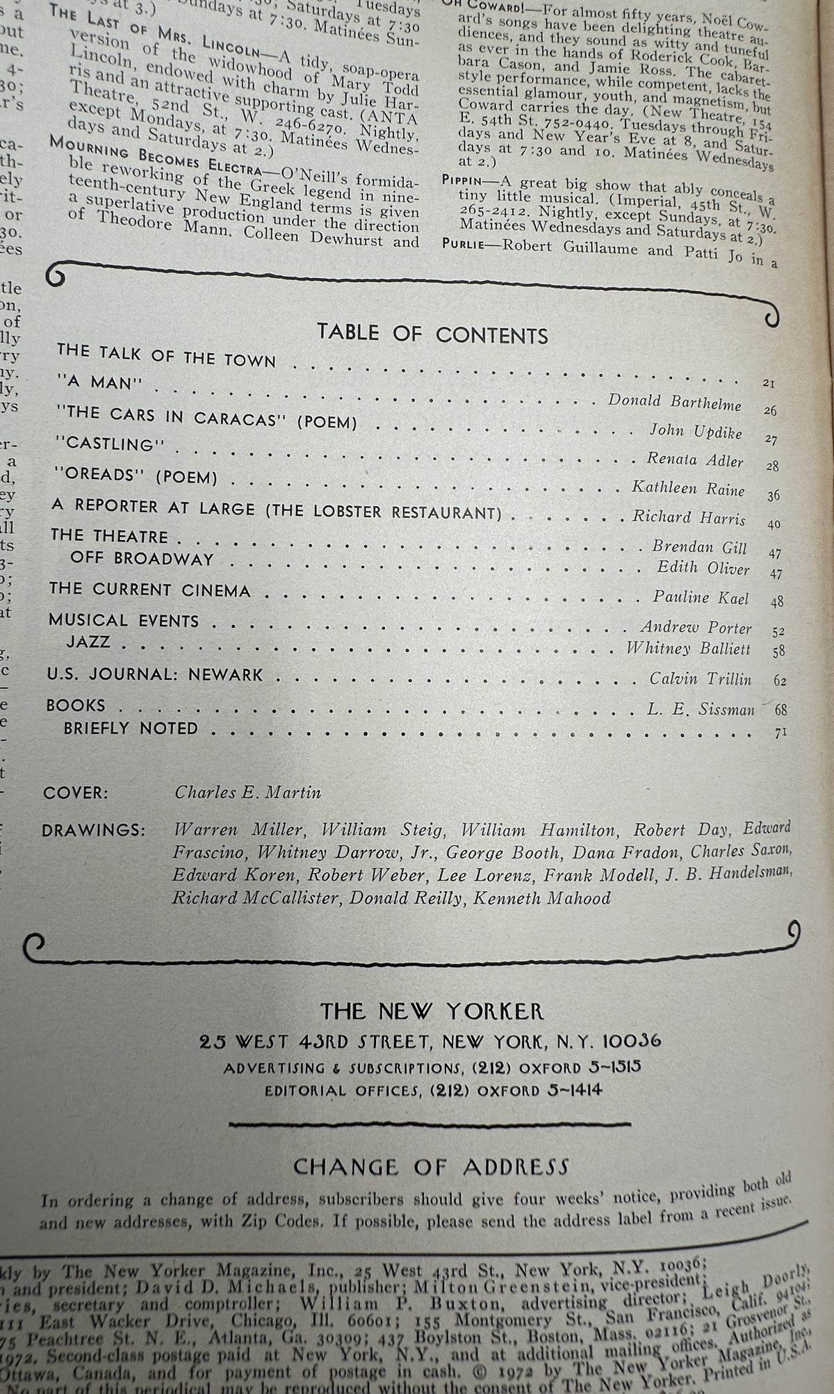 The New Yorker Magazine December 30, 1972 Lunar US Flag New Year Charles Martin Cover, interior table of contents page listing articles, poems, reviews, and drawings.