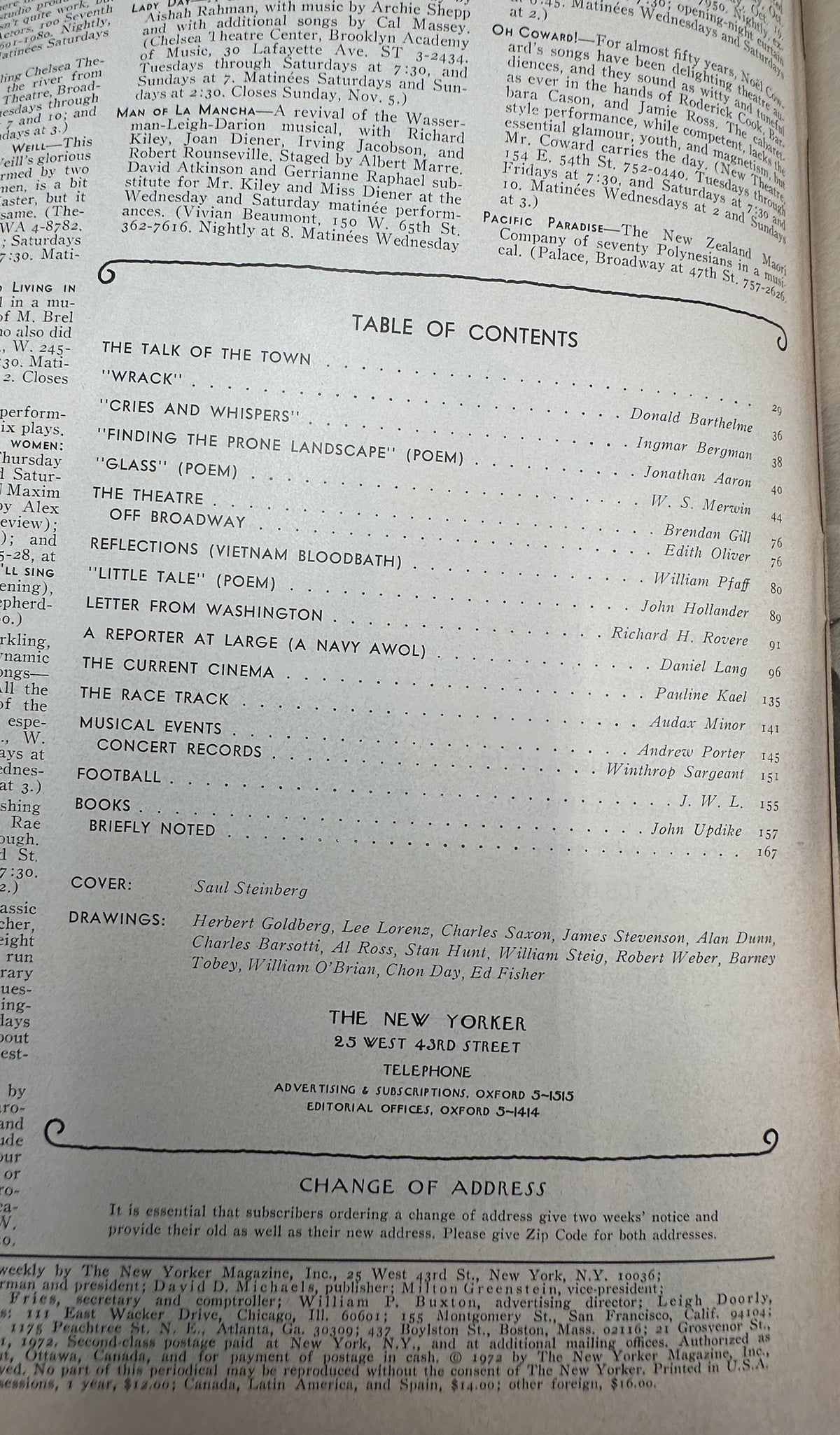 The New Yorker Magazine October 21, 1972 Blue Yellow Green Saul Steinberg Cover Art issue opened to the Table of Contents page with listed articles and contributors.