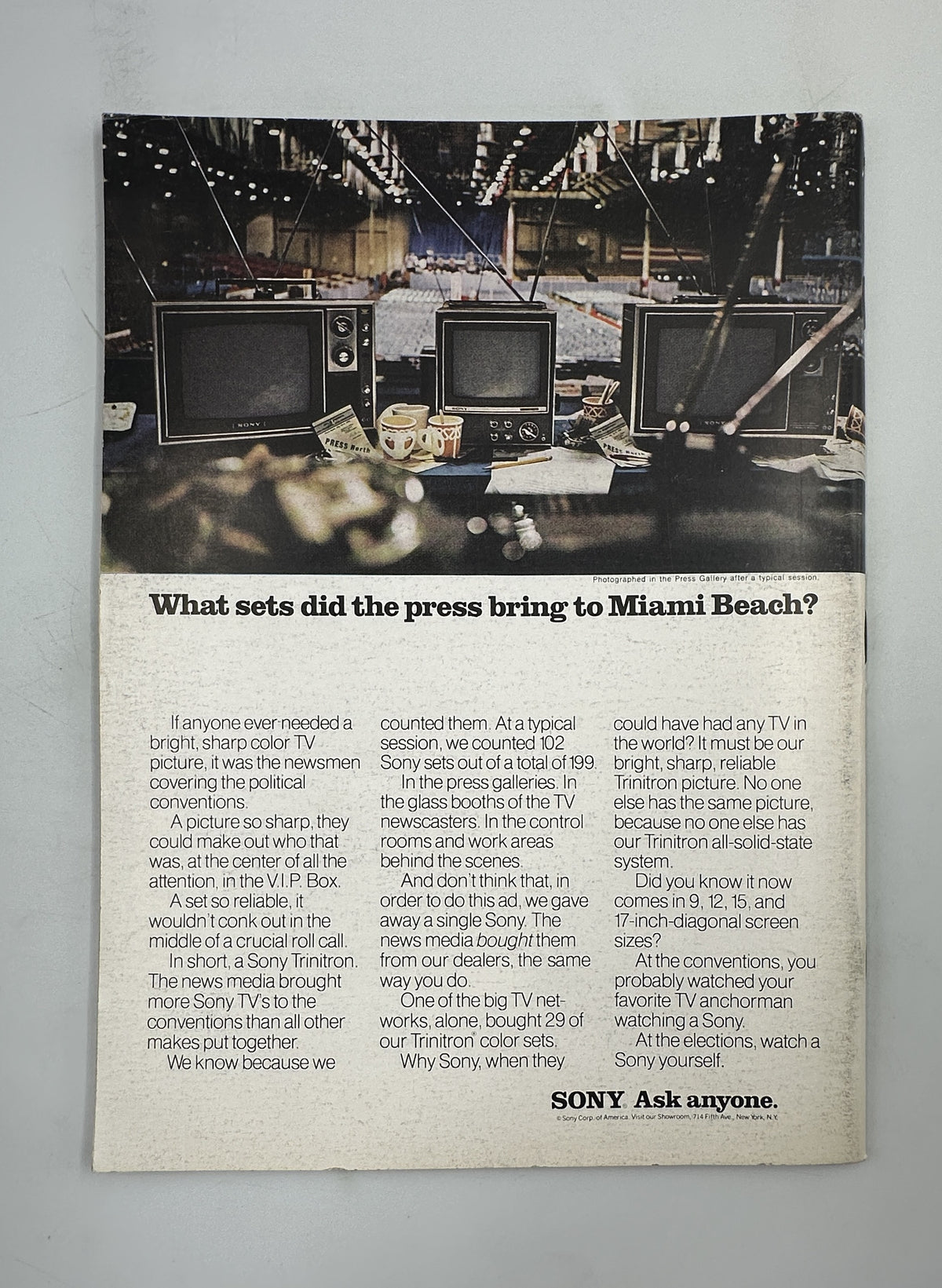 Inside page from The New Yorker Magazine October 21, 1972 Blue Yellow Green Saul Steinberg Cover Art featuring a vintage Sony television advertisement with three CRT TVs and the headline “What gets did the press bring to Miami Beach?”