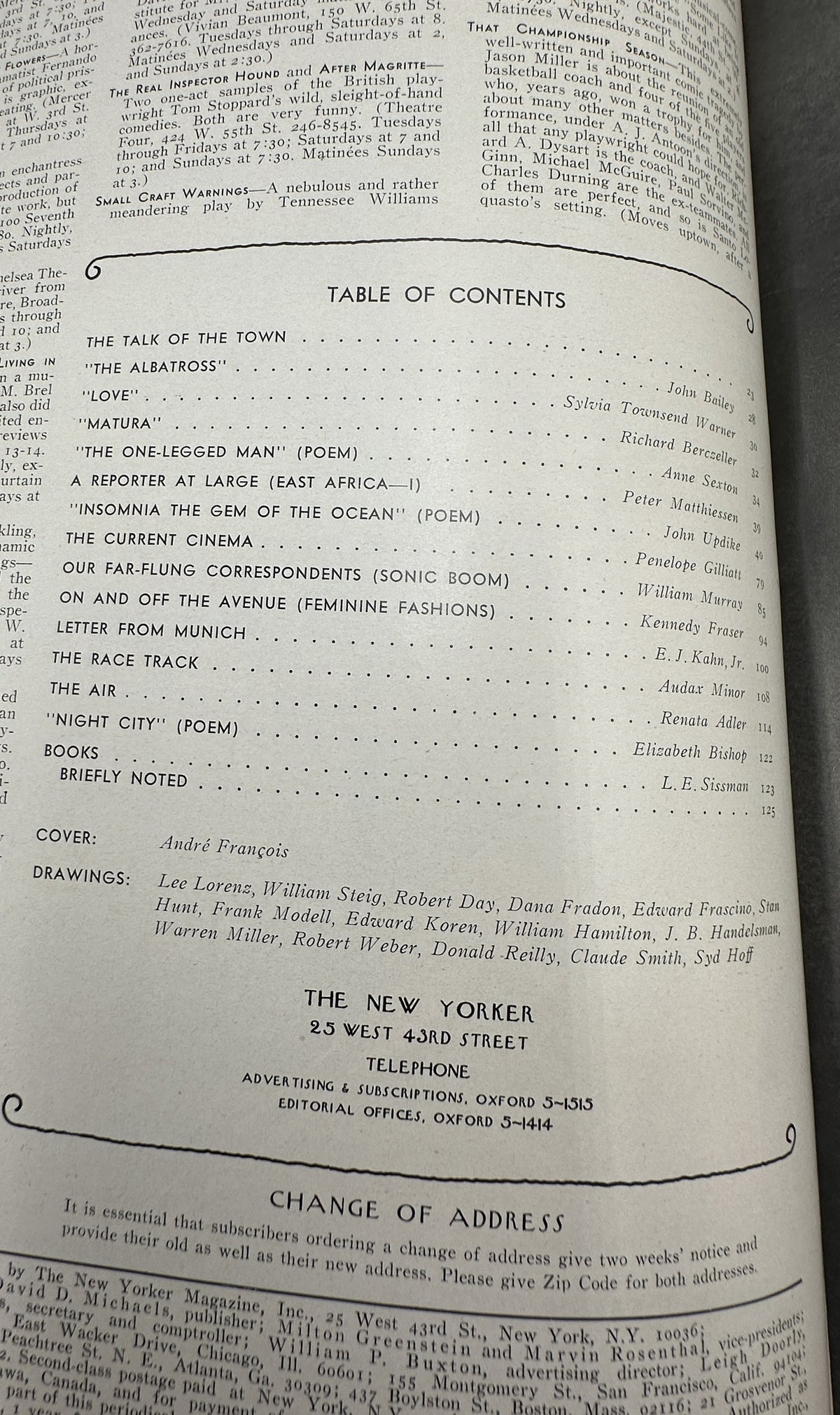 The New Yorker Magazine September 16, 1972 Two Men in Barrels André François Cover, interior table of contents page with articles, poems, drawings, and magazine publication information