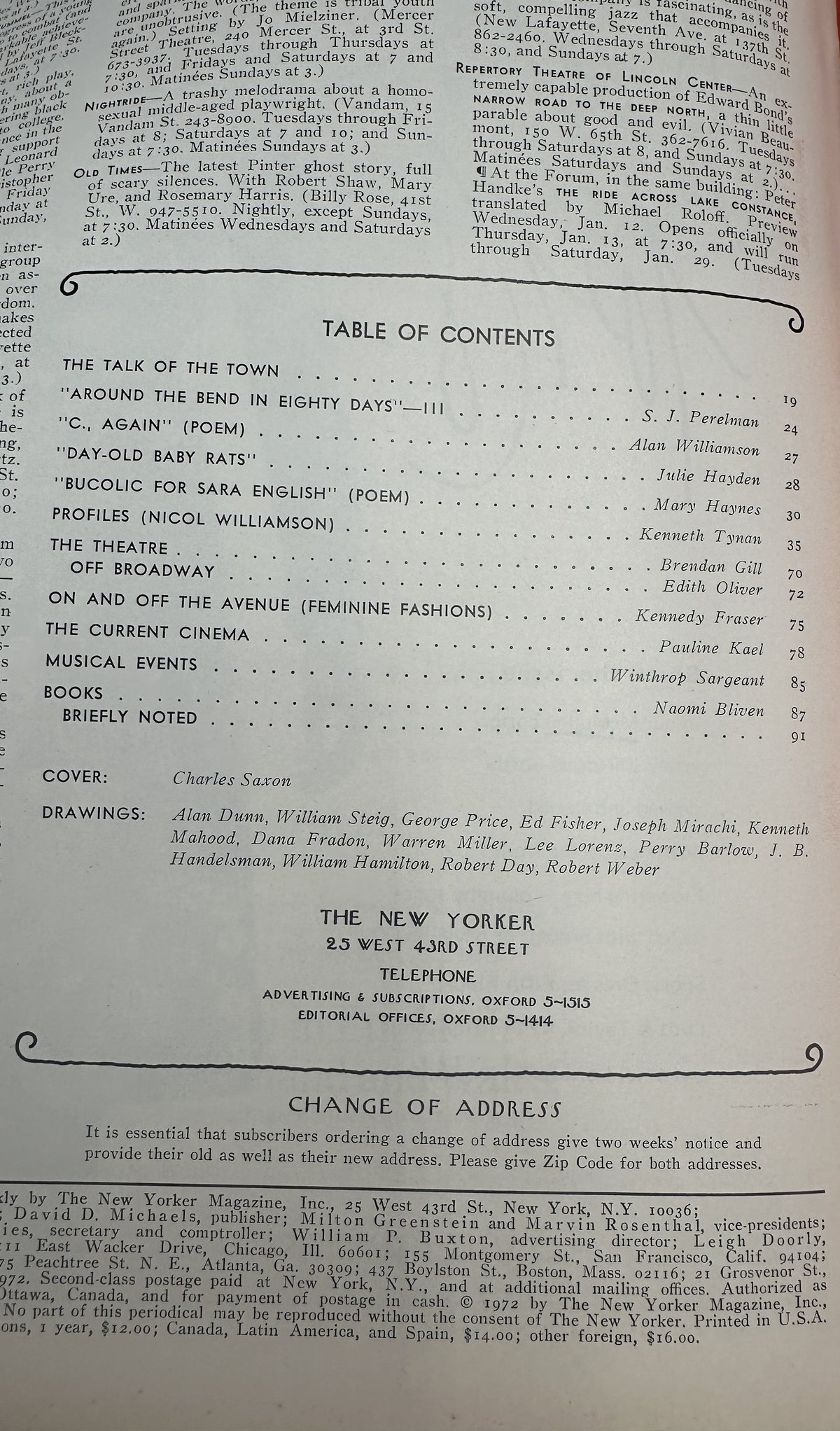 The New Yorker Magazine January 15, 1972 Tropical Flamingo Photographer Charles Saxon table of contents page featuring articles, poems, theater, cinema, books, and contributor listings
