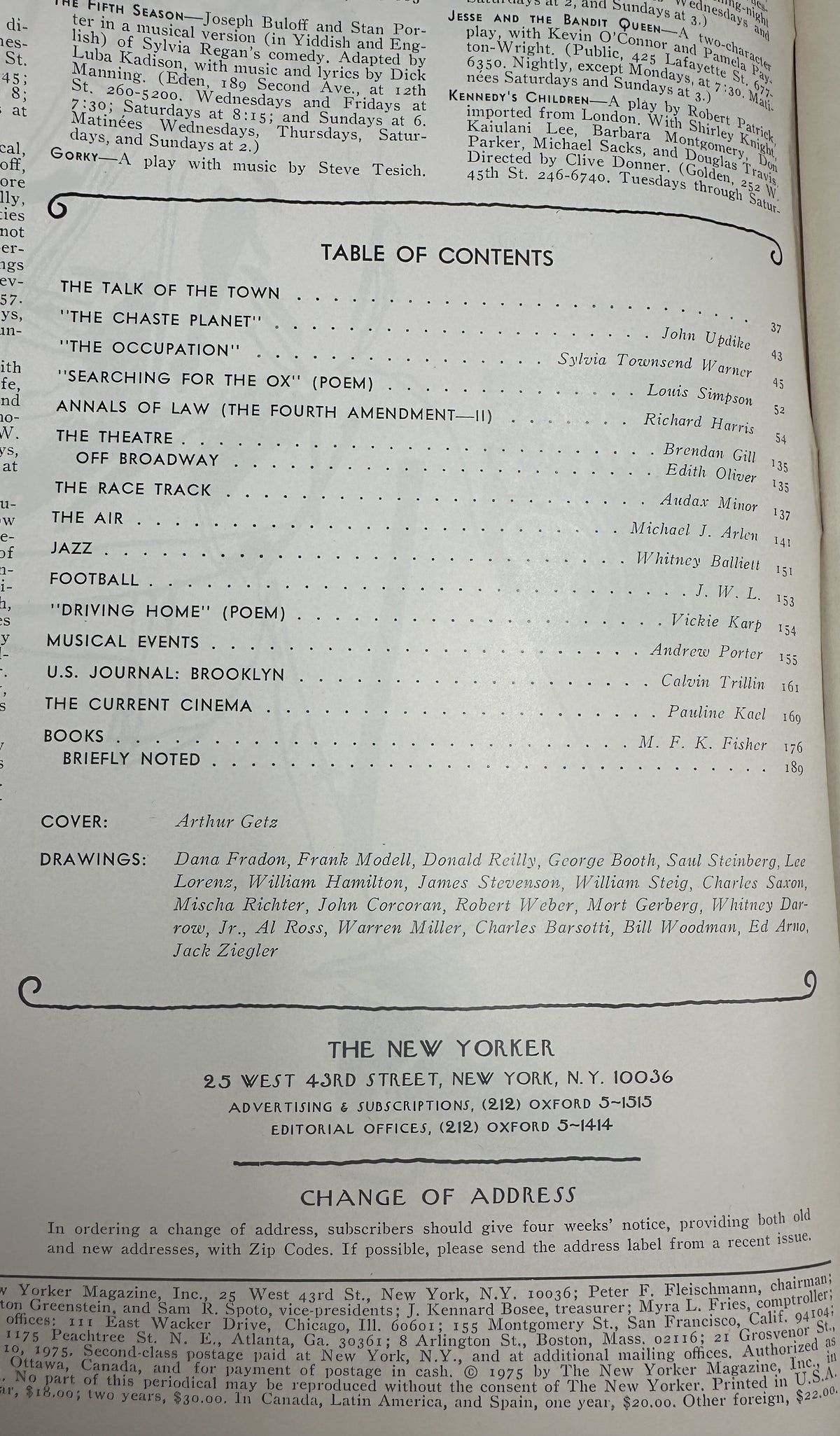 The New Yorker Magazine November 10, 1975 Autumn Forest Hikers Arthur Getz Cover, showing the magazine table of contents and publication information.