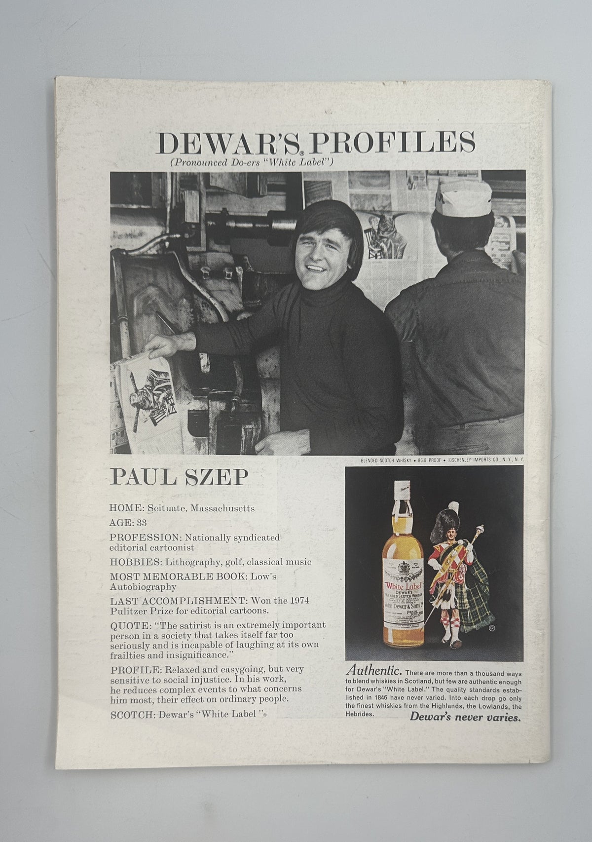 Interior page from The New Yorker Magazine November 10, 1975 Autumn Forest Hikers Arthur Getz Cover featuring the Dewar's Profiles article about Paul Szep, with black-and-white photograph and Dewar's advertisement.