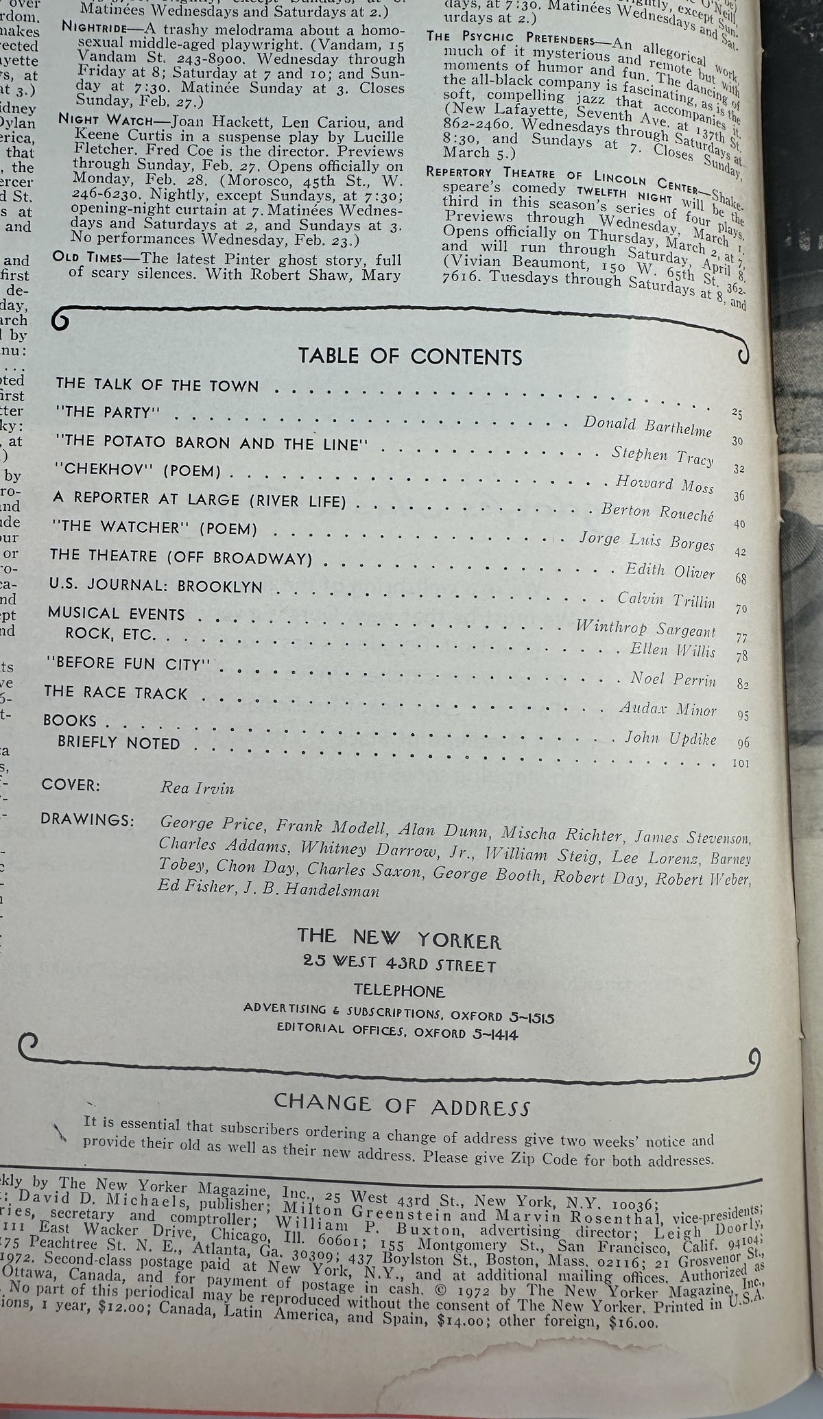 The New Yorker Magazine February 26, 1972 Tilley Butterfly Rea Irvin Cover VG, interior table of contents page with listings for articles, poems, theater, music, books, and drawings.