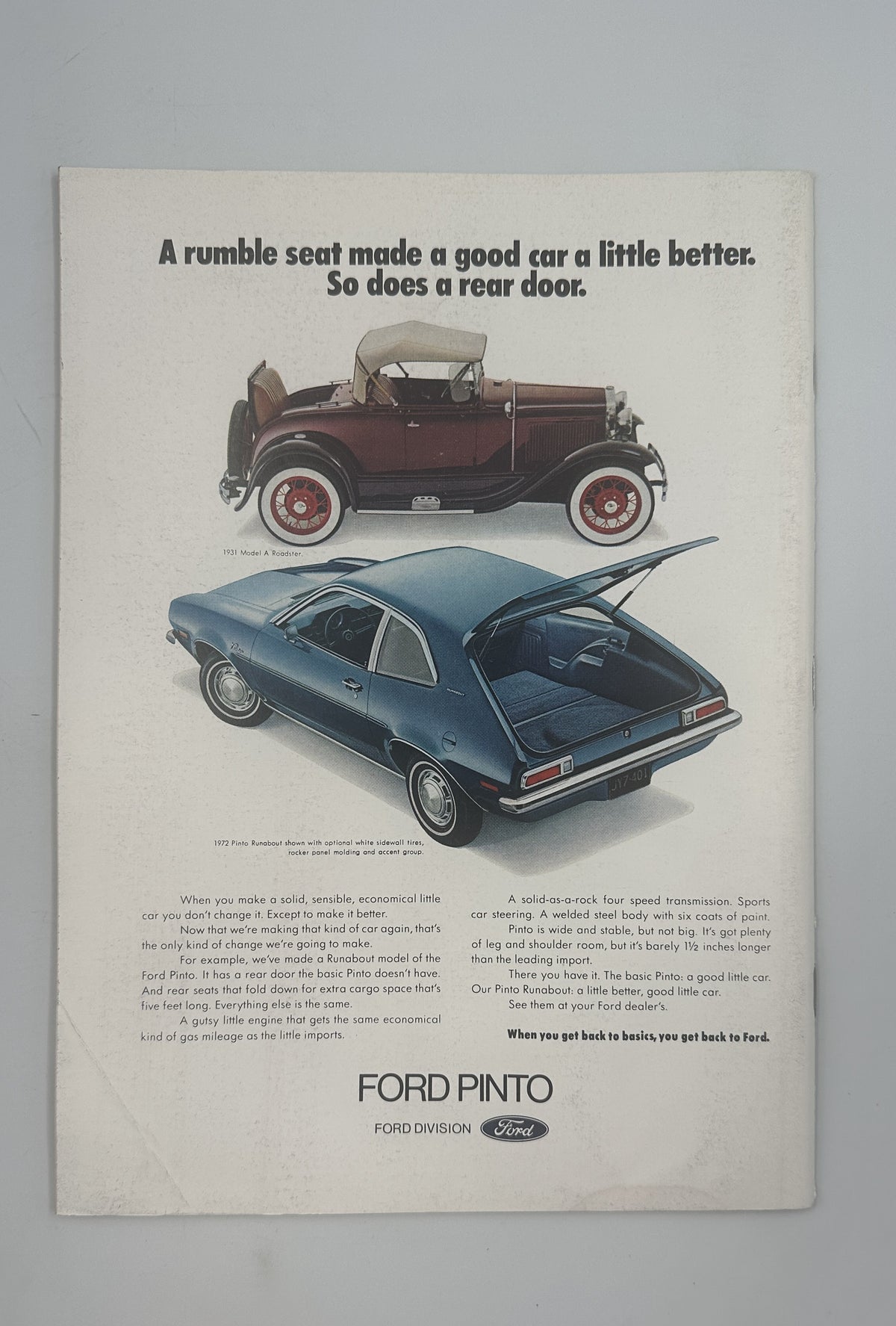 The New Yorker Magazine February 26, 1972 Tilley Butterfly Rea Irvin Cover VG, vintage Ford Pinto advertisement featuring a classic roadster and blue hatchback automobile.