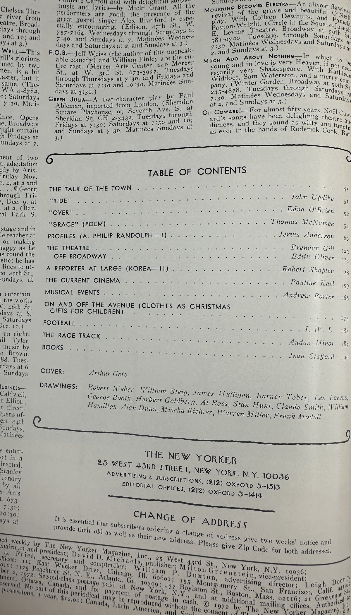 The New Yorker Magazine December 2, 1972 Cocktail Party Arthur Getz Cover VG, interior table of contents page listing articles, fiction, theater, cinema, books, and features.