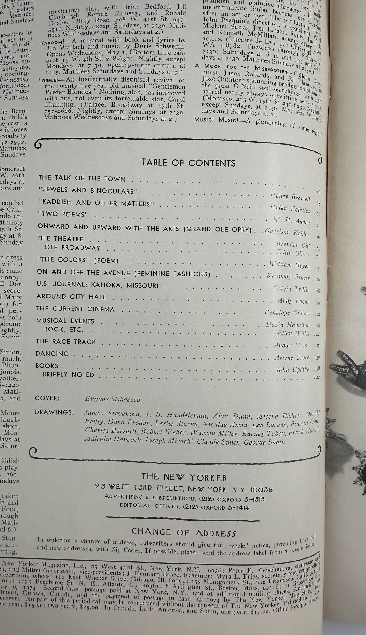 The New Yorker Magazine May 6, 1974 Potted Trees Eugene Mihaesco Cover VG, interior table of contents page showing articles, poems, reviews, and departments.