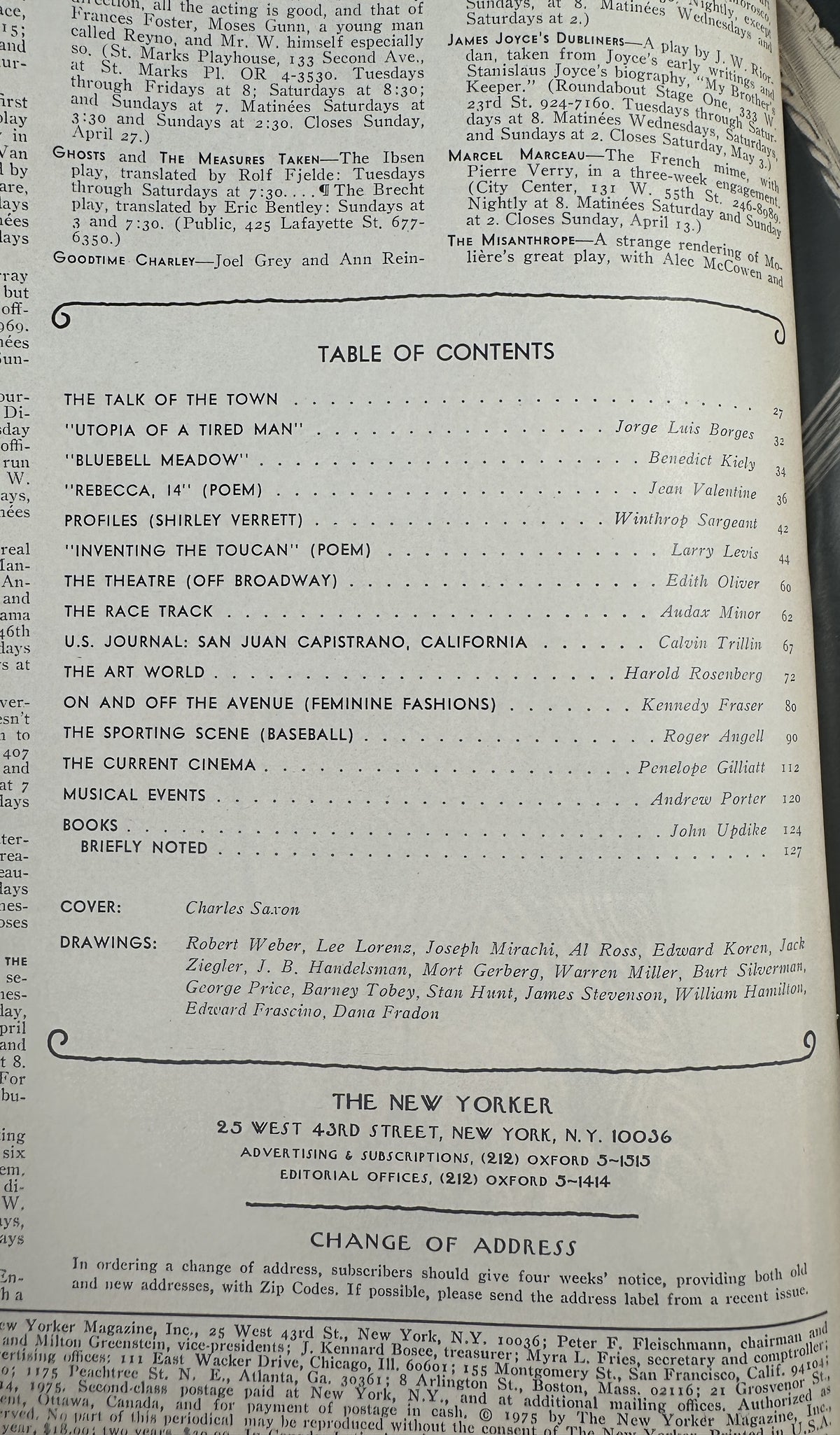 The New Yorker Magazine April 14, 1975 Speech Audience Charles Saxon Cover VG showing the printed table of contents and magazine publication details