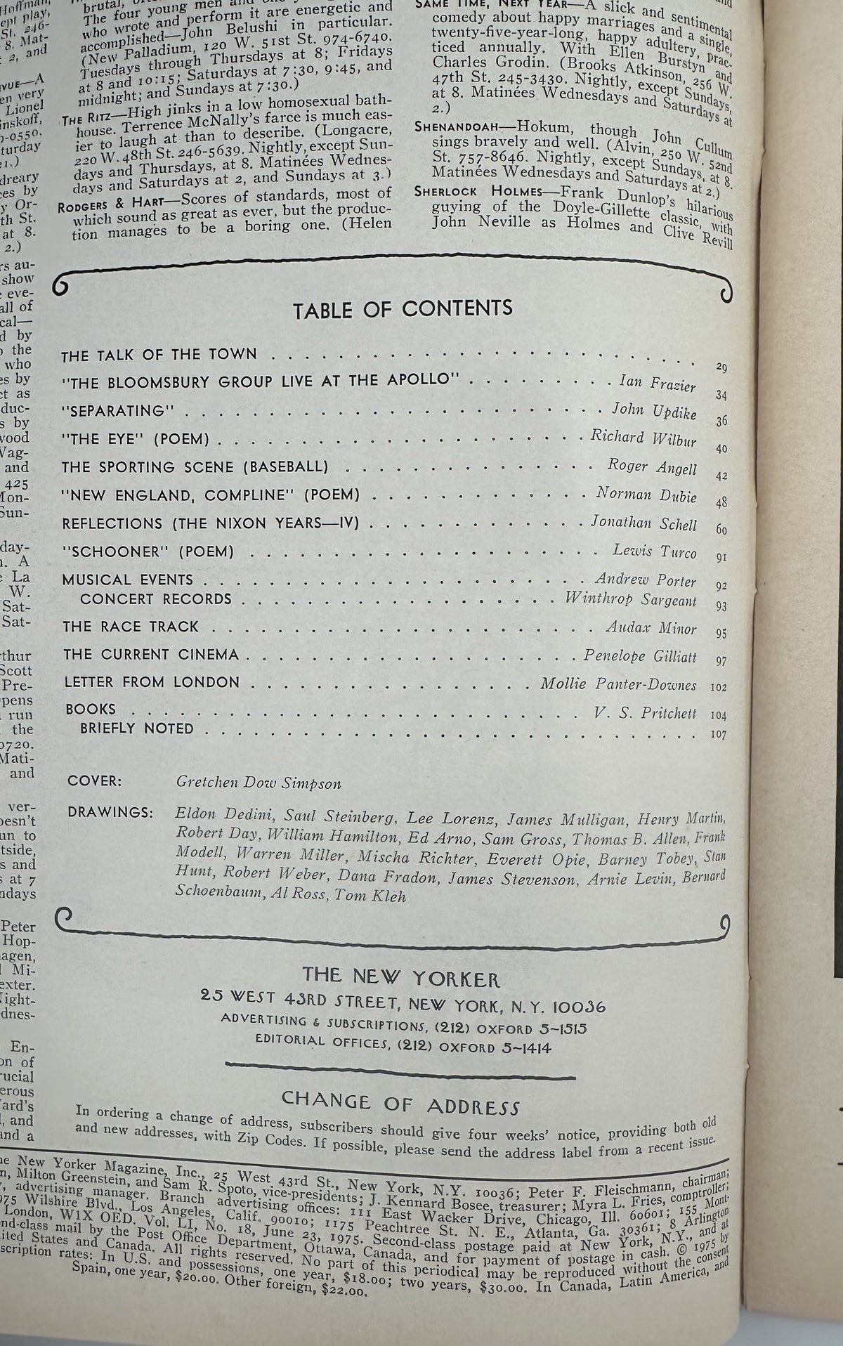 The New Yorker Magazine June 23, 1975 Coastal Rooftops Gretchen Dow Simpson VG, interior table of contents page with articles, poems, reviews, and contributor listings