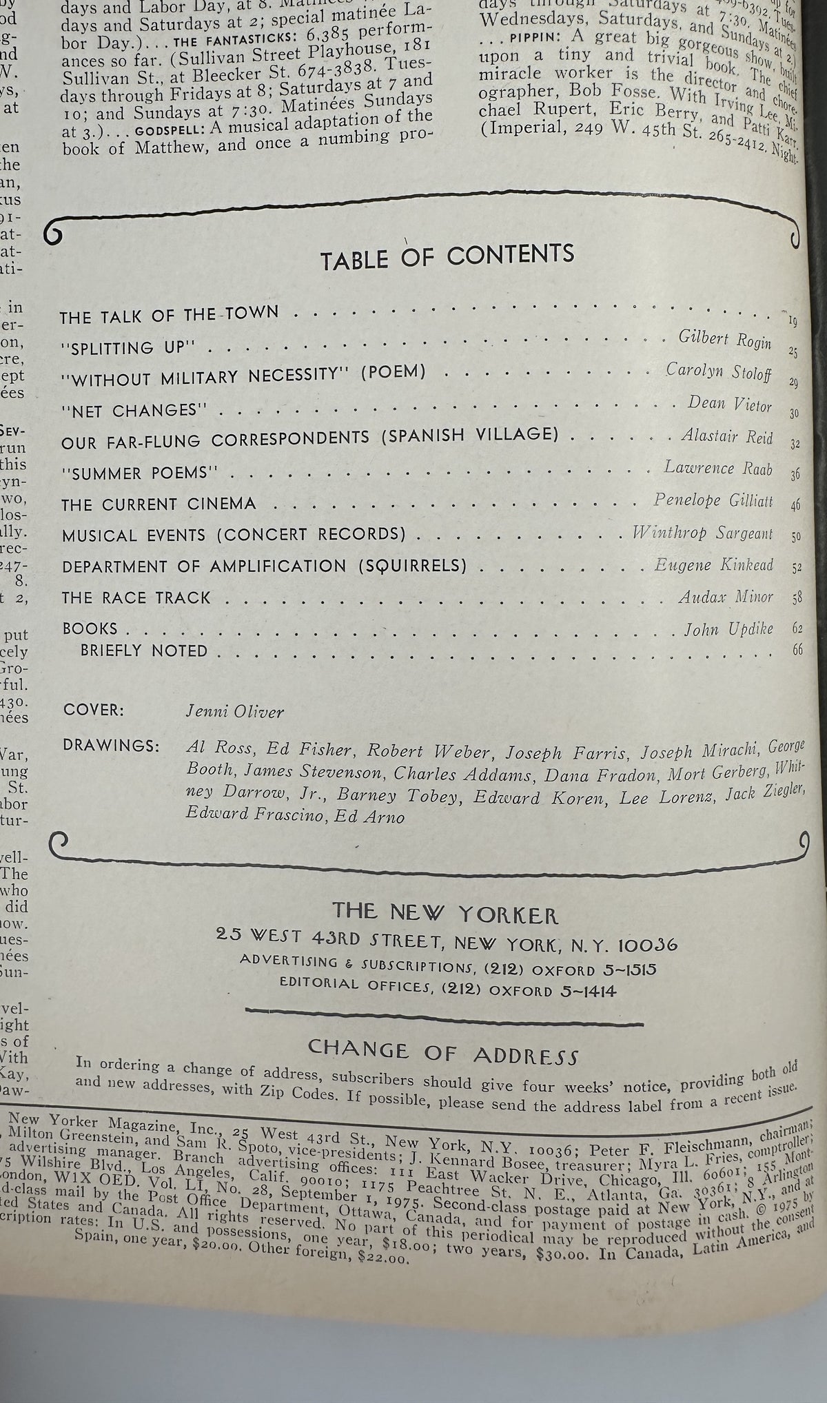 The New Yorker Magazine September 1, 1975 Porch Garden Jenni Oliver Cover VG, interior table of contents page listing articles, poems, cinema, books, and departments.