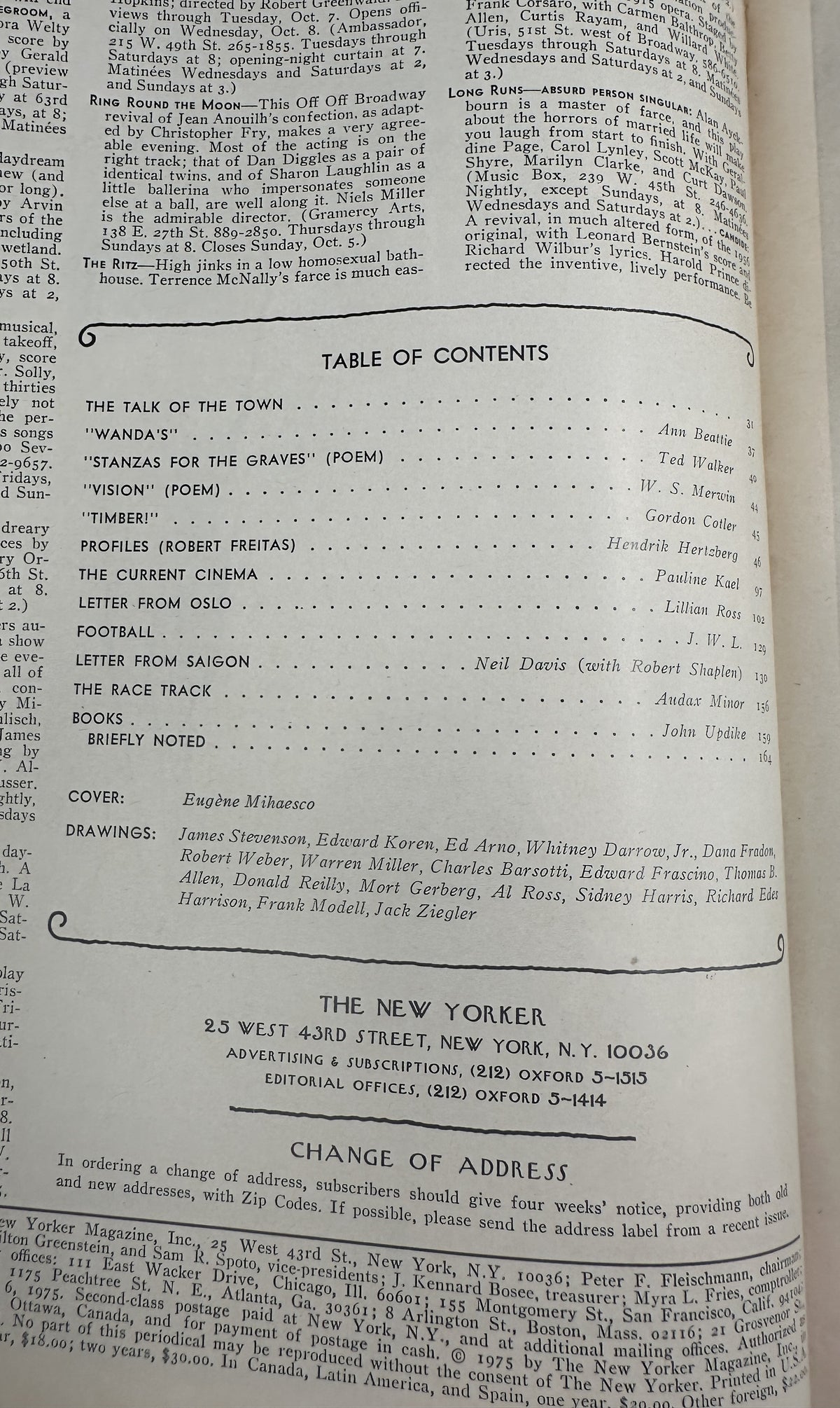 The New Yorker Magazine October 6, 1975 Stage TV Rocking Chair Eugène Mihaesco Cover VG, interior table of contents page listing articles, poems, profiles, cinema, books, and other features.